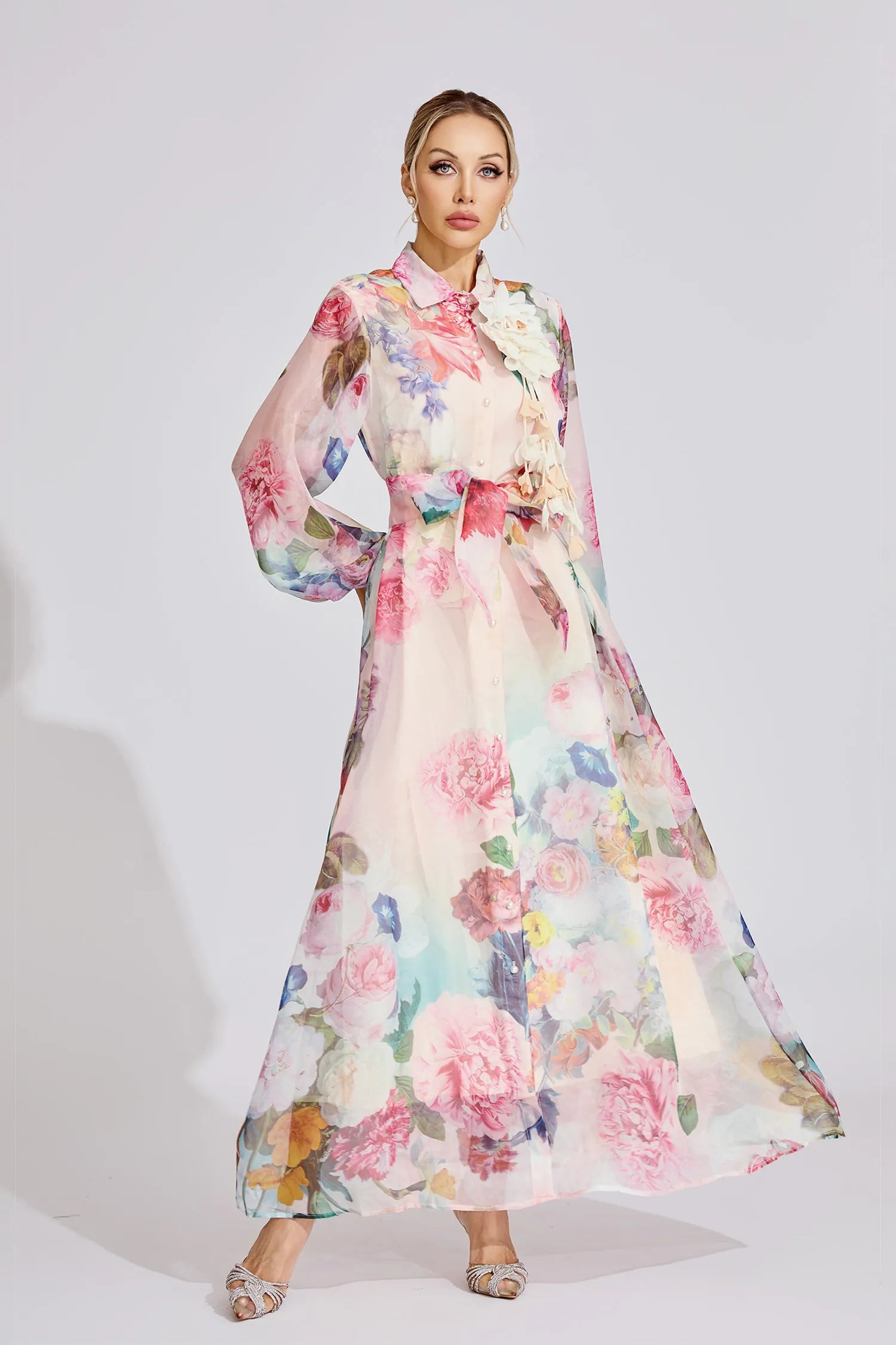 Farah Pink French 3D Floral Maxi Dress