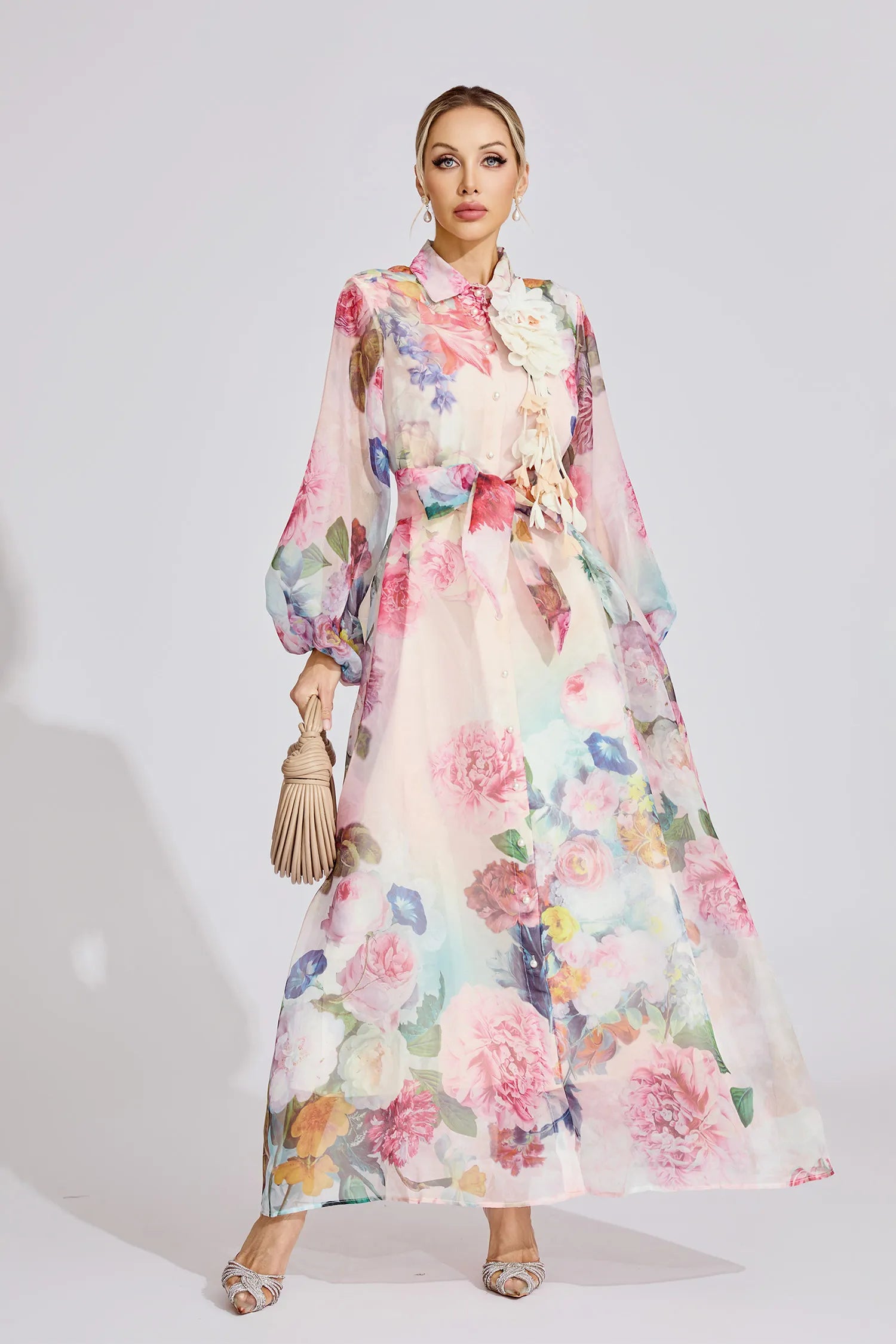 Farah Pink French 3D Floral Maxi Dress