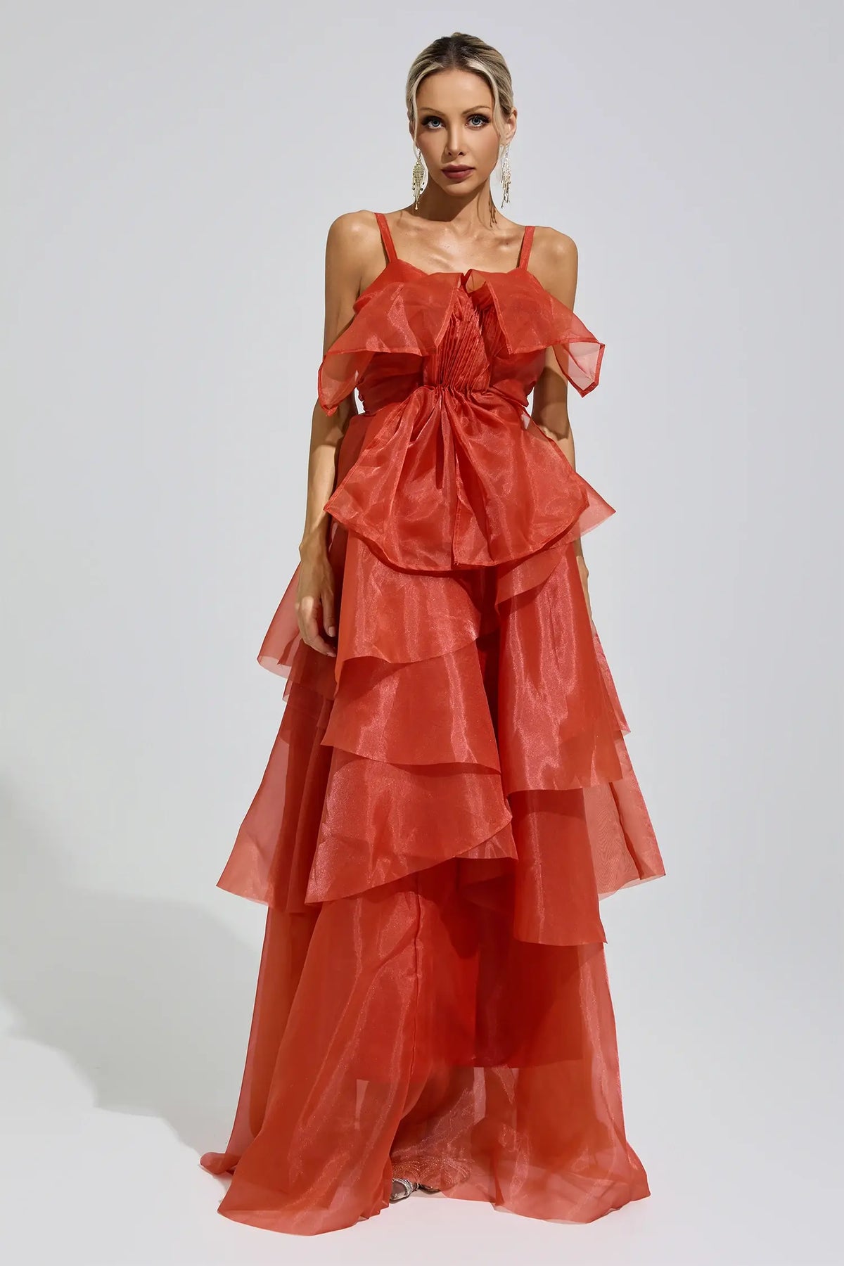 Odelia Red Halter Ruffle Maxi Dress