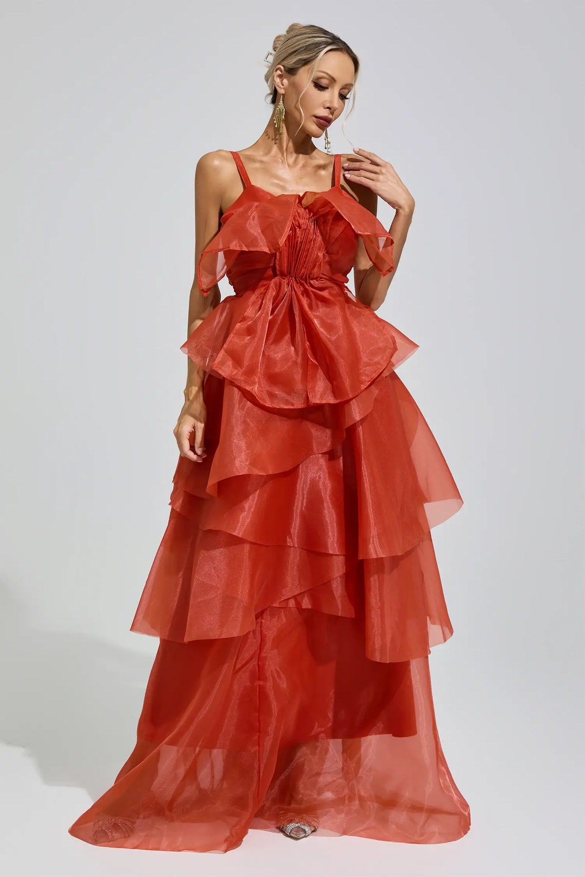 Odelia Red Halter Ruffle Maxi Dress