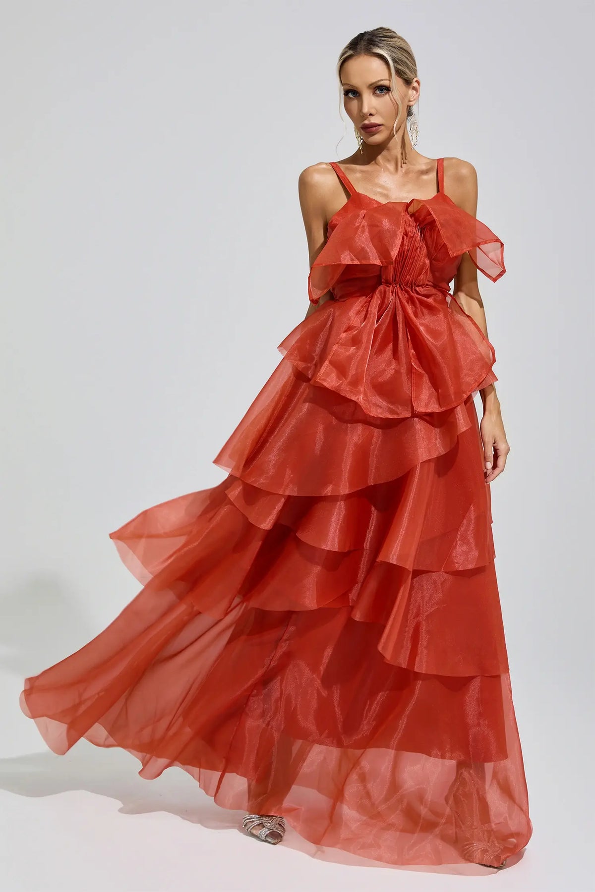 Odelia Red Halter Ruffle Maxi Dress