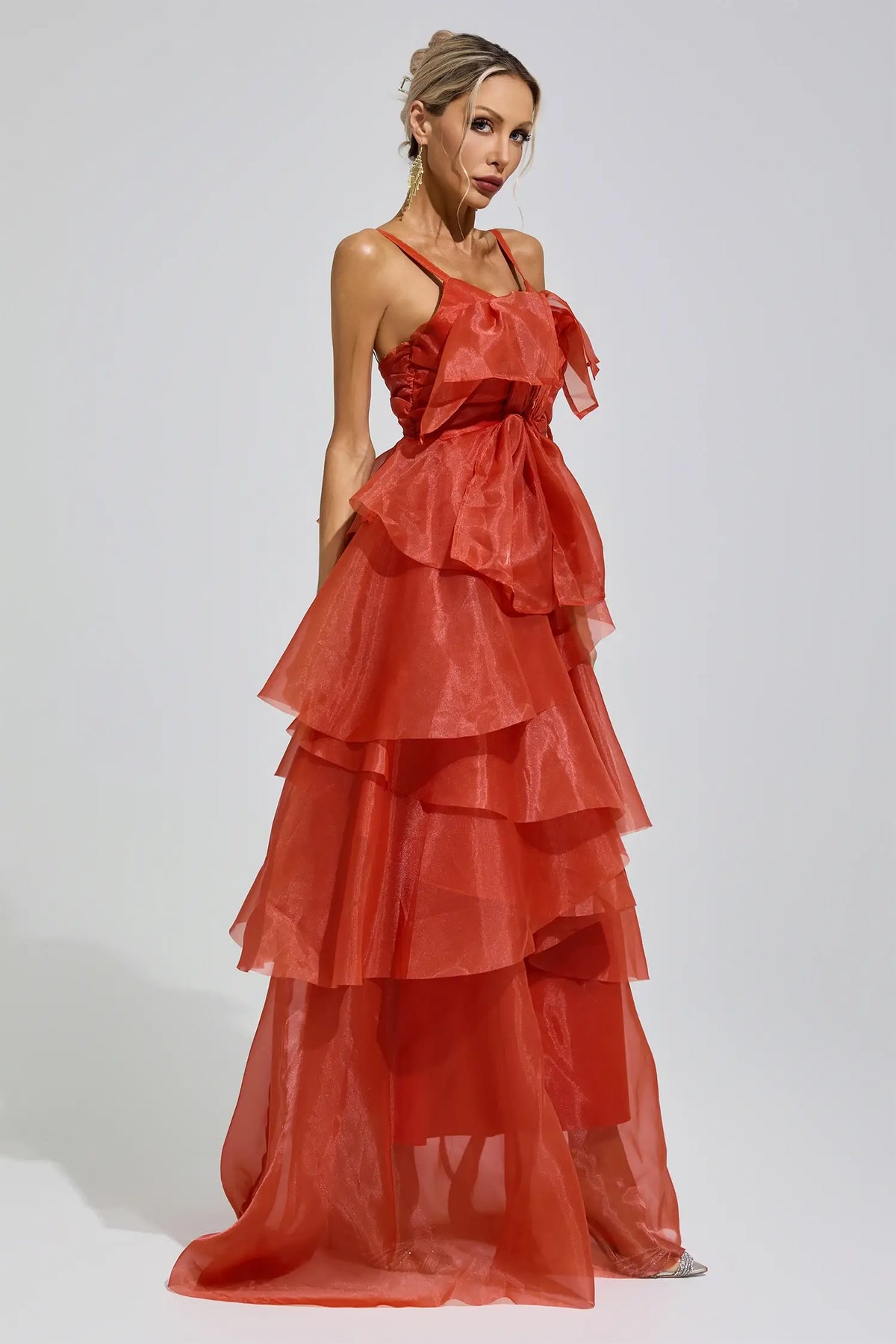 Odelia Red Halter Ruffle Maxi Dress