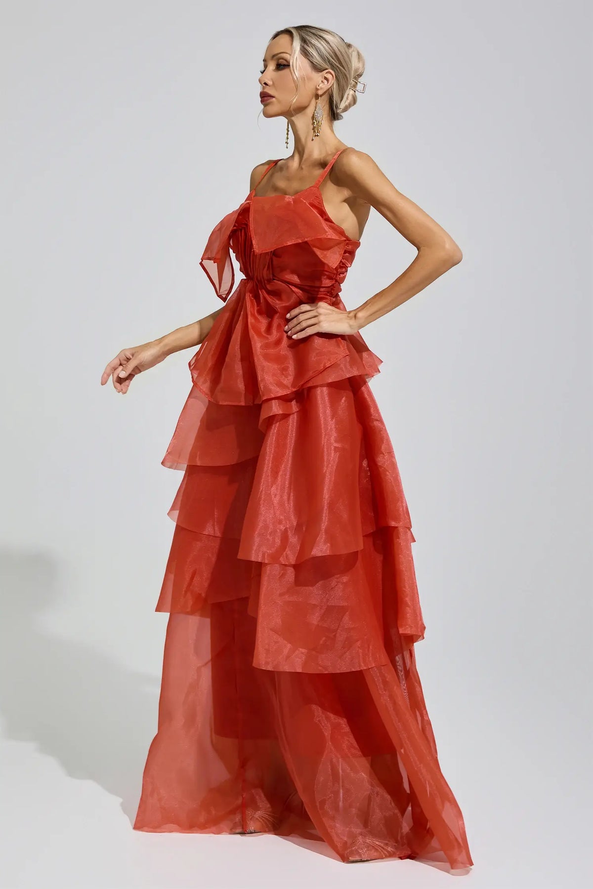 Odelia Red Halter Ruffle Maxi Dress