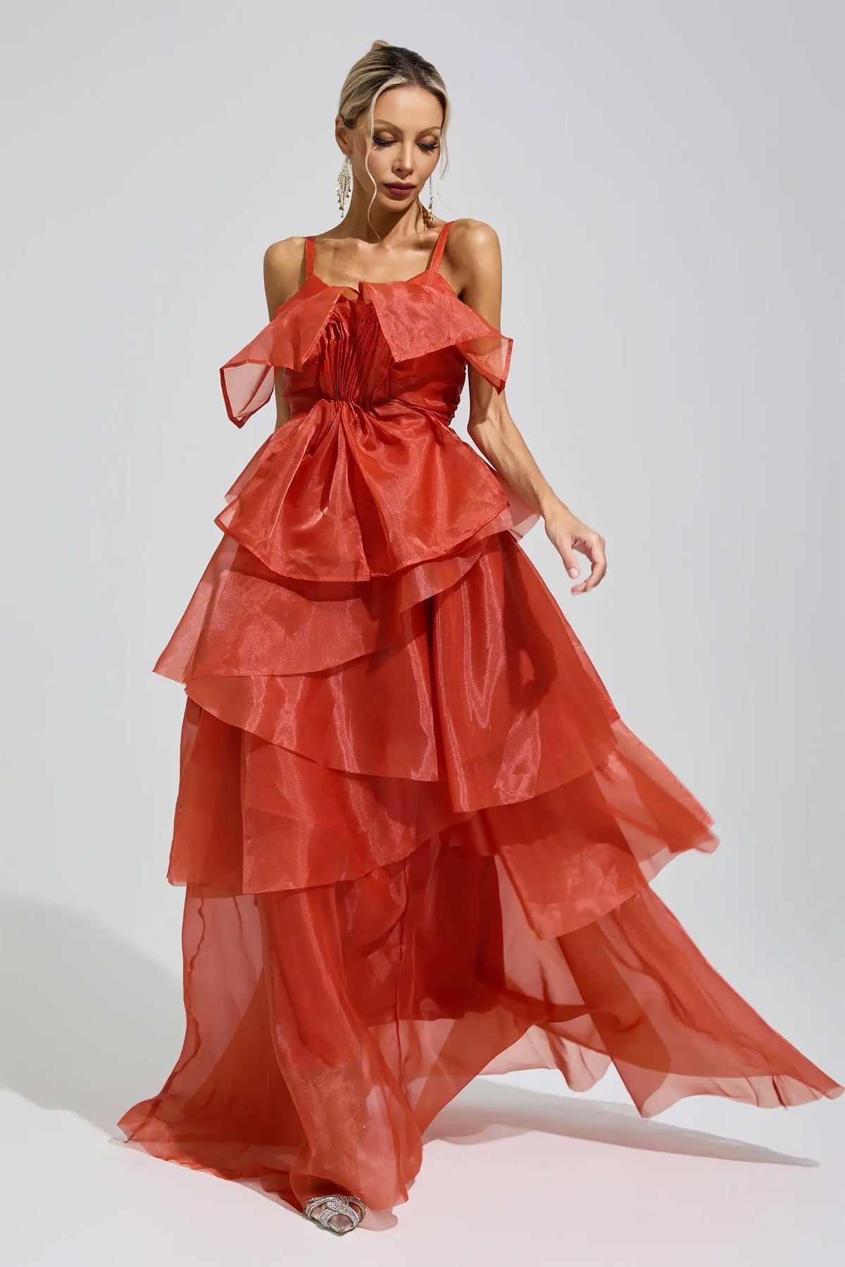 Odelia Red Halter Ruffle Maxi Dress