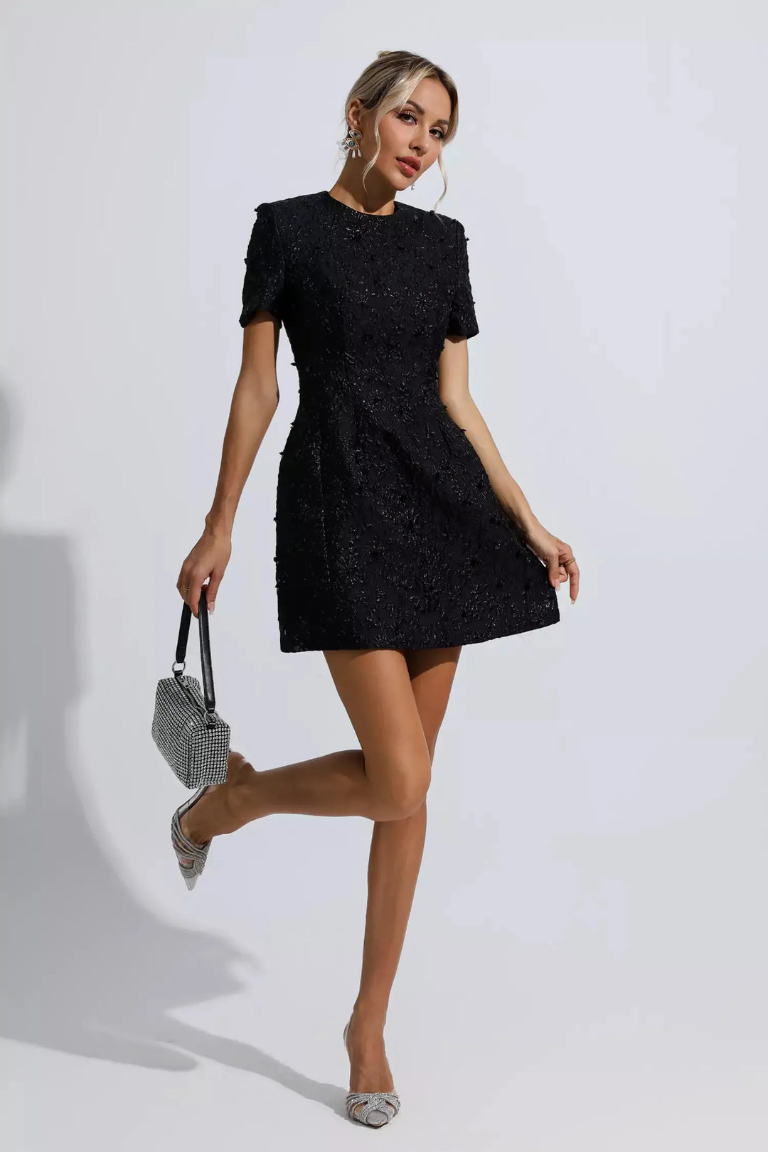 Astrid Black Jacquard Floral Mini Dress(Run small)