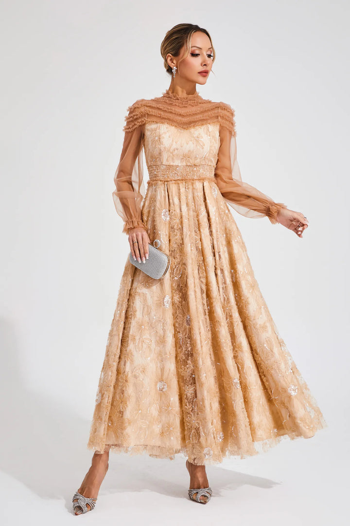 Nova Beige Lace Sequins Maxi Dress