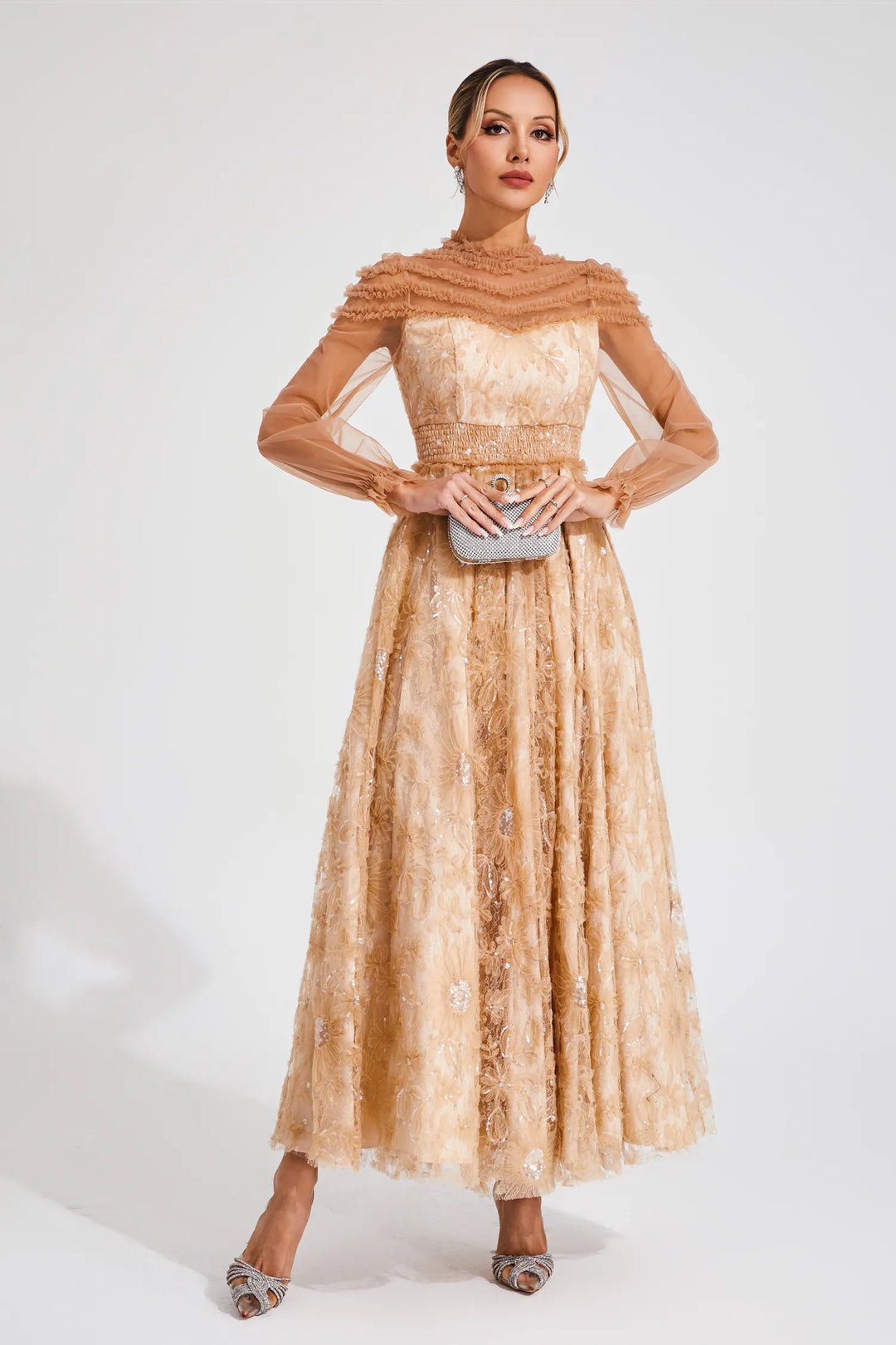 Nova Beige Lace Sequins Maxi Dress