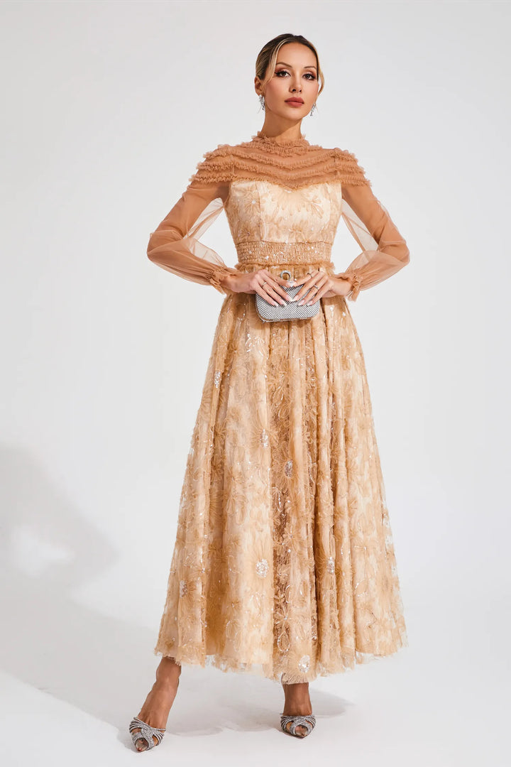 Nova Beige Lace Sequins Maxi Dress