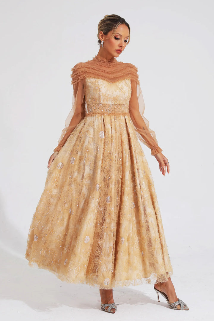 Nova Beige Lace Sequins Maxi Dress