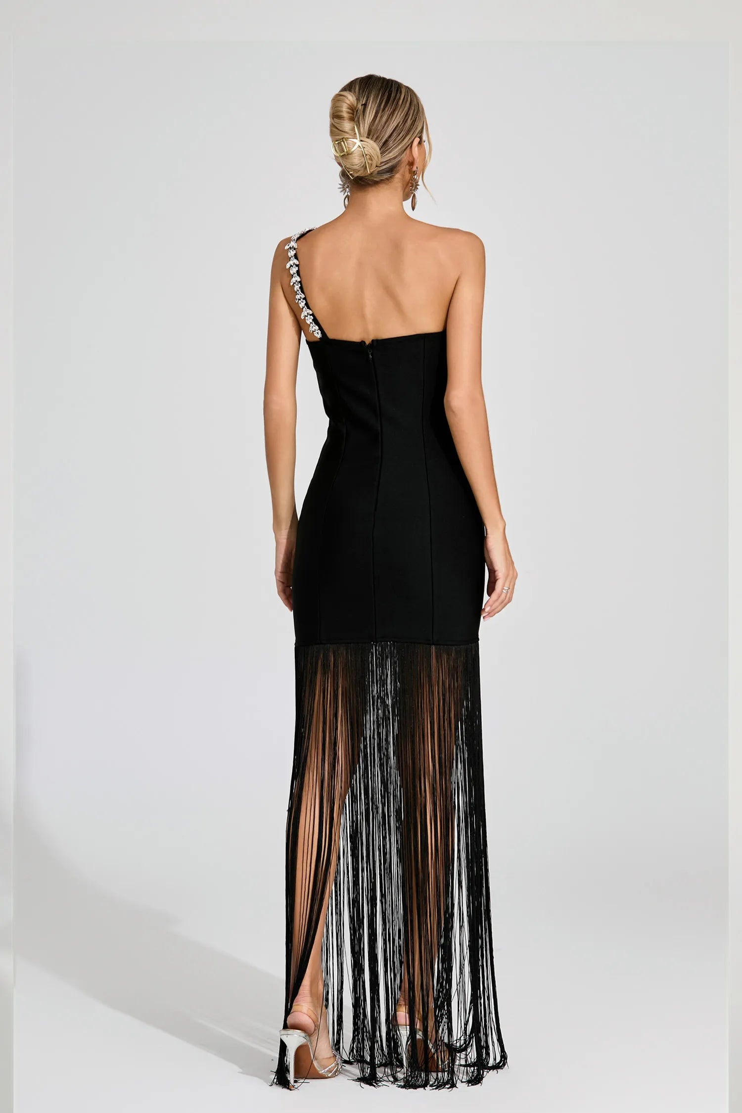 Magen Black One Shoulder Fringe Maxi Dress