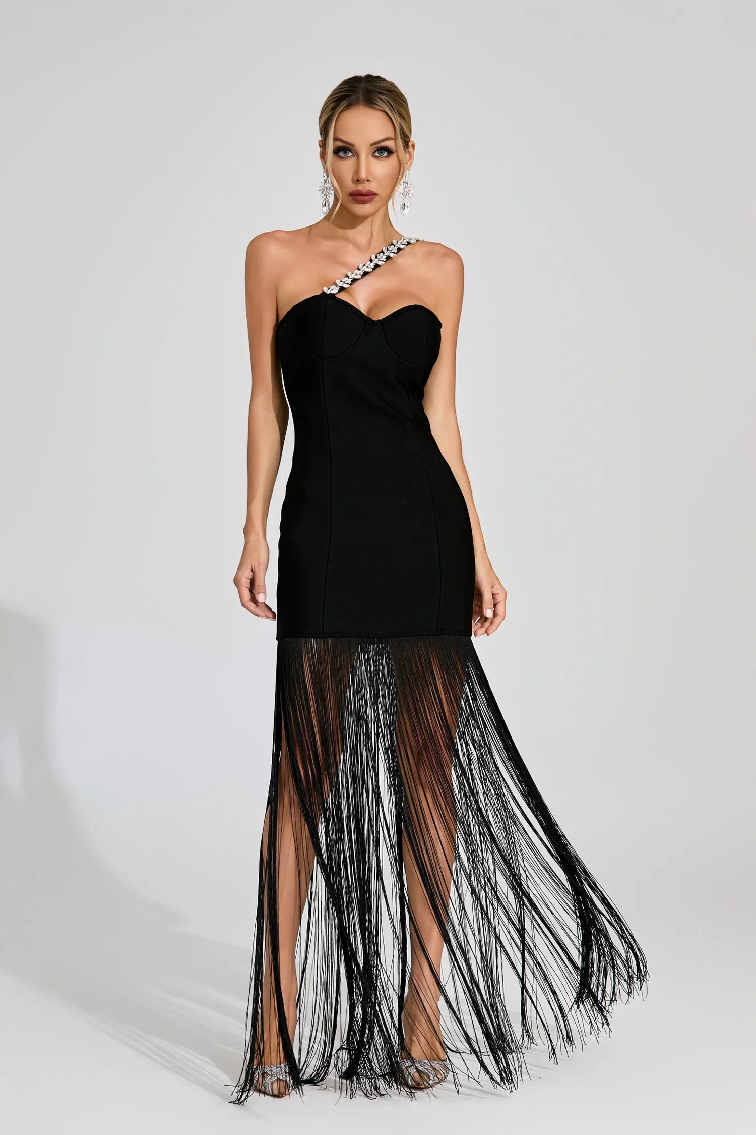 Magen Black One Shoulder Fringe Maxi Dress