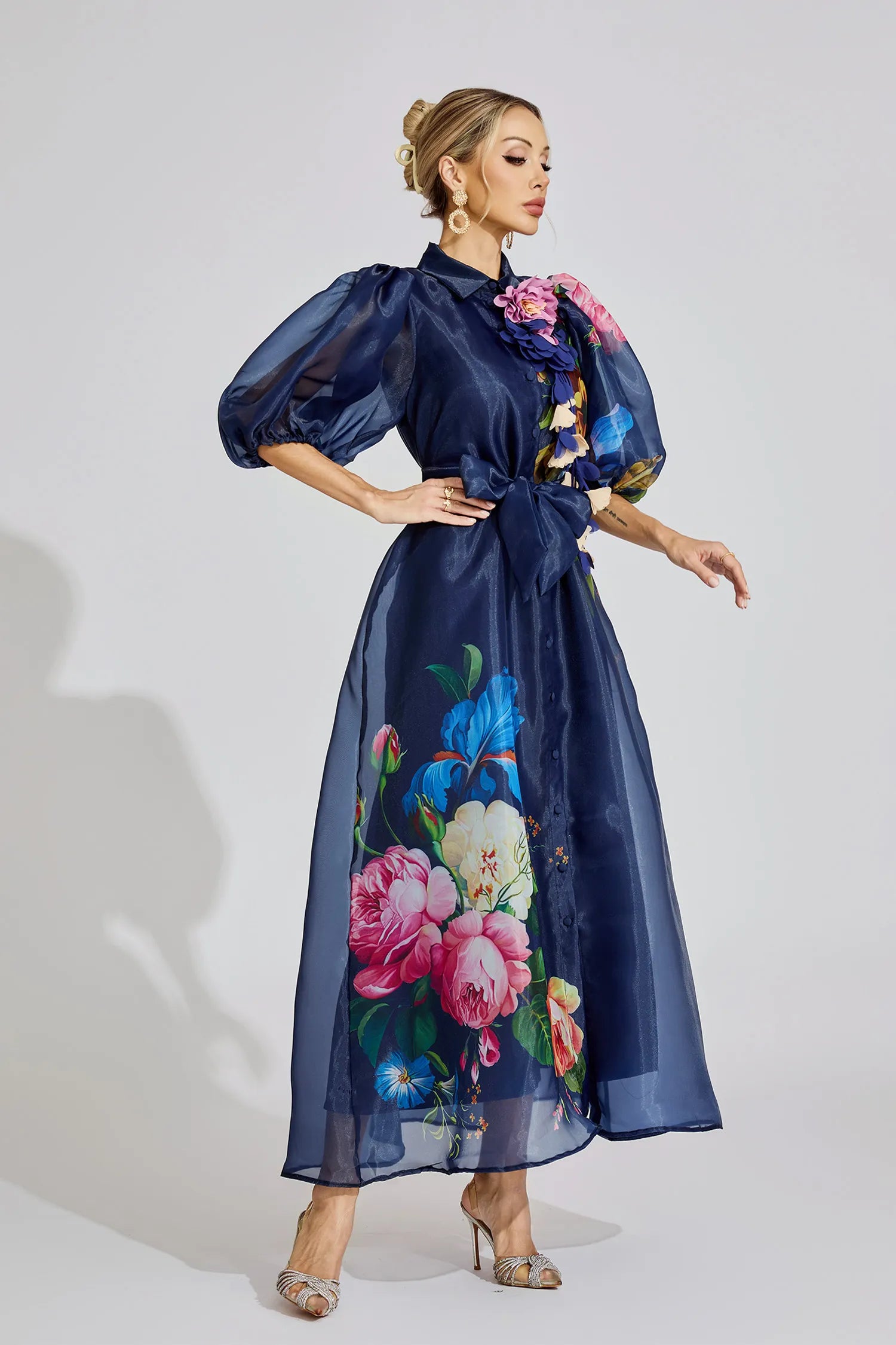 Farah Blue French 3D Floral Maxi Dress