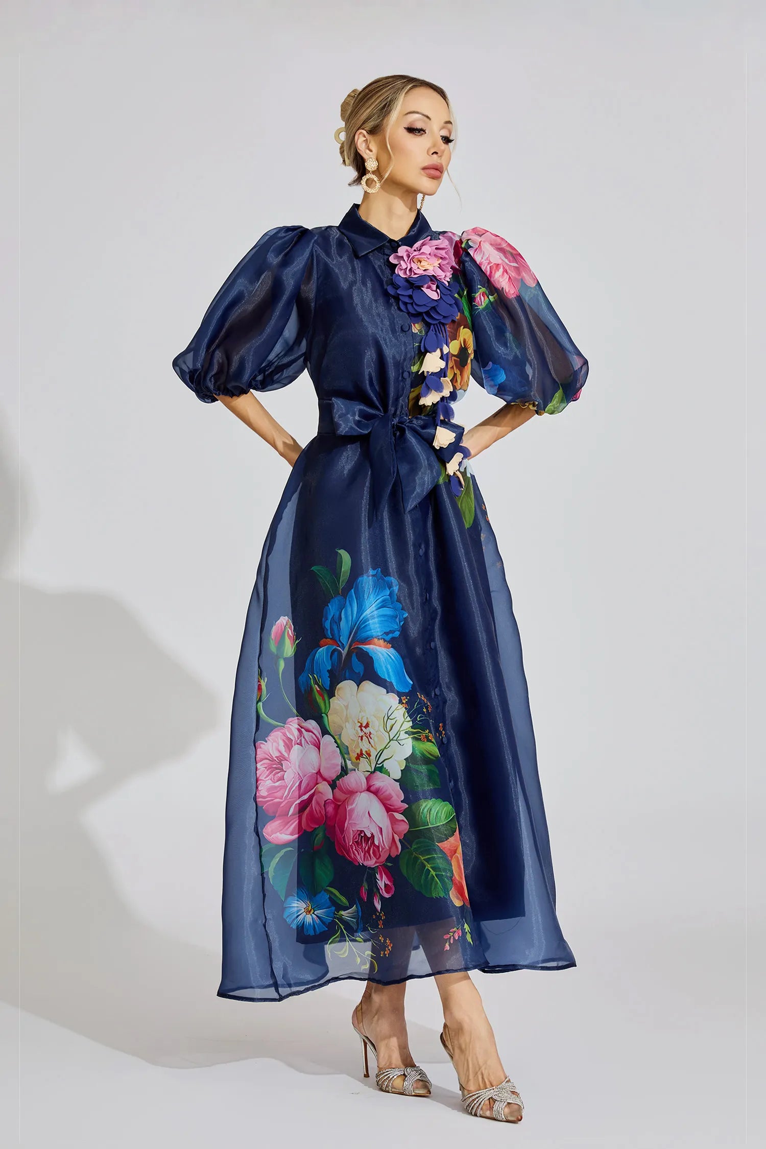 Farah Blue French 3D Floral Maxi Dress