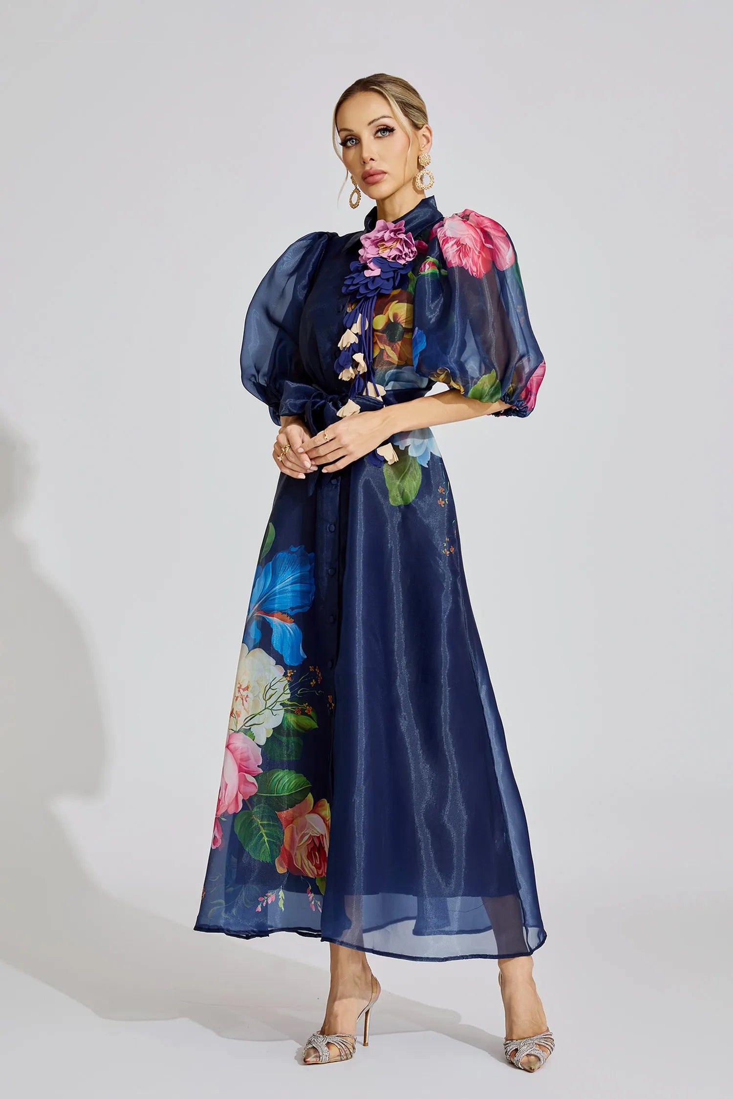 Farah Blue French 3D Floral Maxi Dress