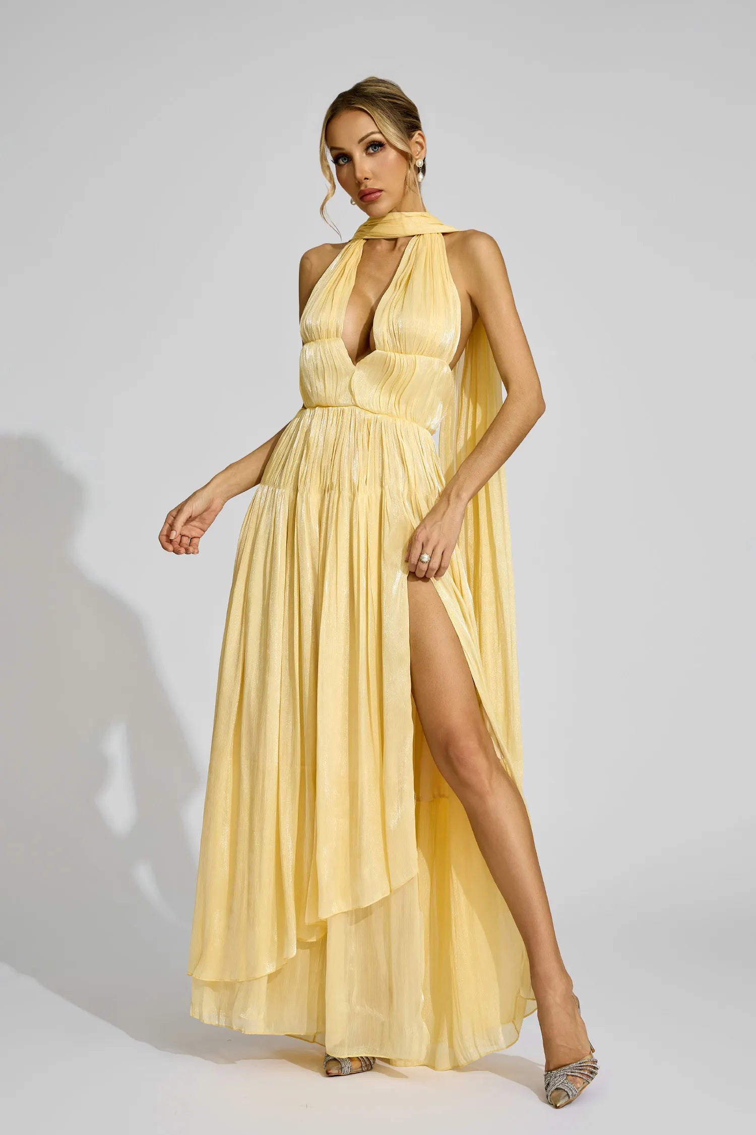 Brittany Yellow Halter Pleated Maxi Dress
