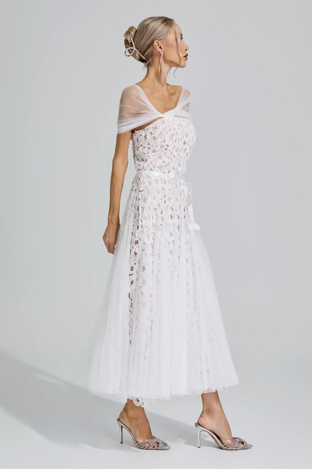 Fiorenza White Lace Mesh Fairy Midi Dress