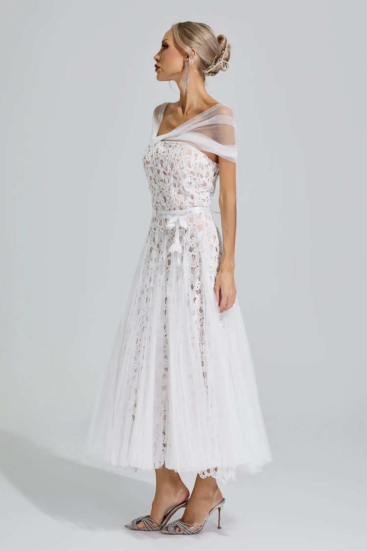 Fiorenza White Lace Mesh Fairy Midi Dress