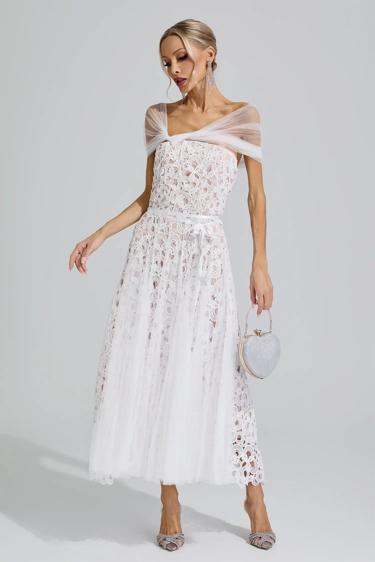 Fiorenza White Lace Mesh Fairy Midi Dress