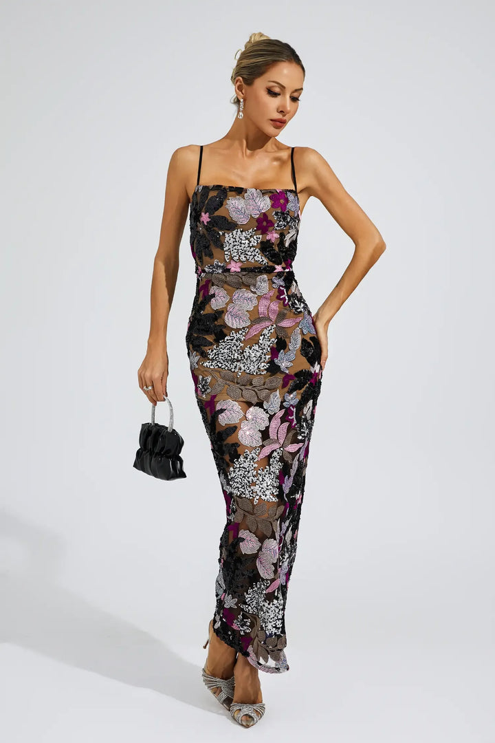 Arabella Black Sequins Embroidered Maxi Dress