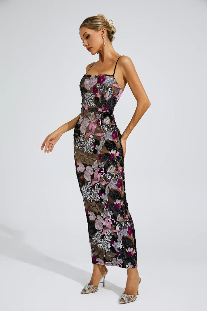 Arabella Black Sequins Embroidered Maxi Dress