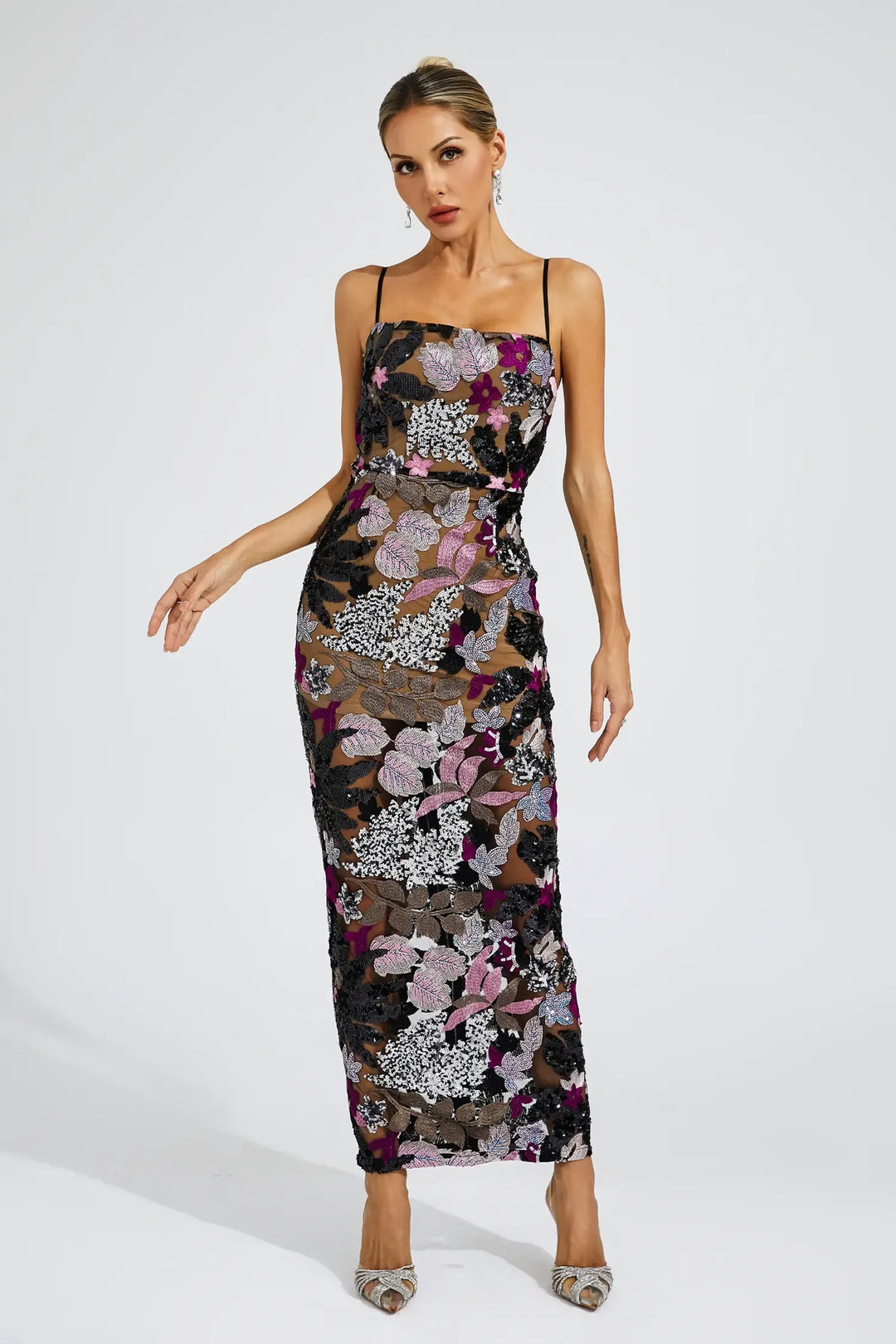 Arabella Black Sequins Embroidered Maxi Dress