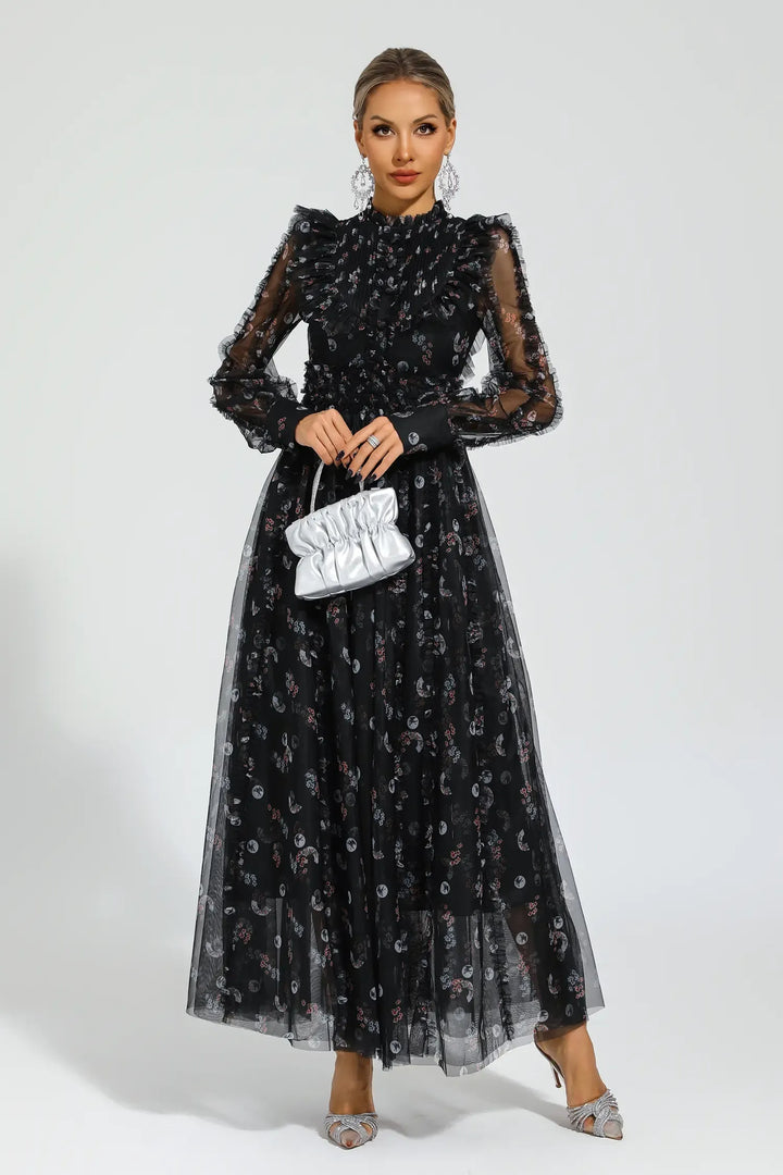 Elara Black Floral Long Sleeve Maxi Dress