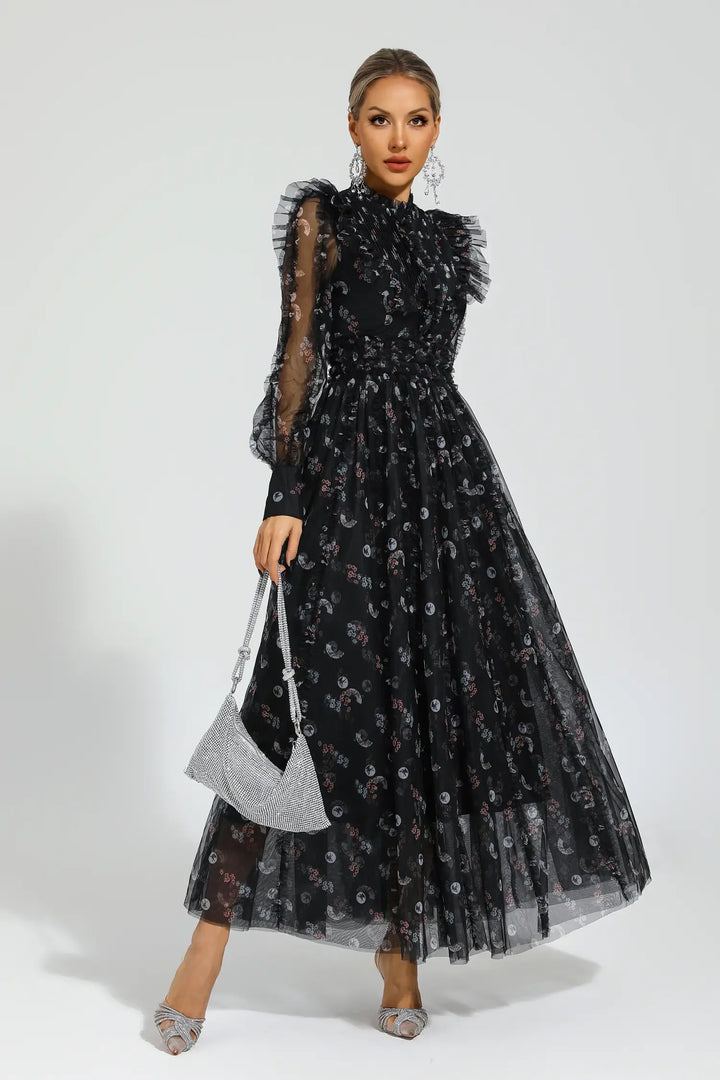 Elara Black Floral Long Sleeve Maxi Dress