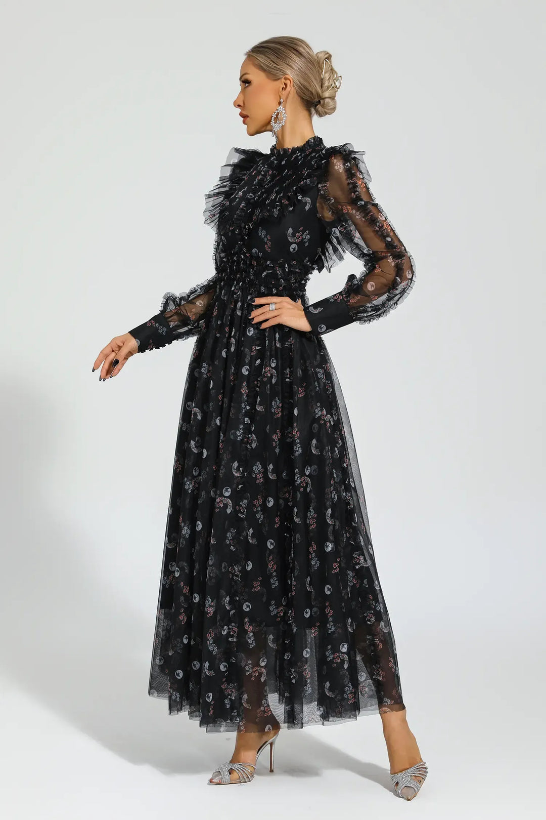 Elara Black Floral Long Sleeve Maxi Dress