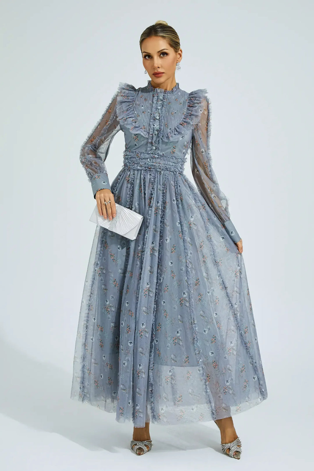 Elara Blue Floral Long Sleeve Maxi Dress