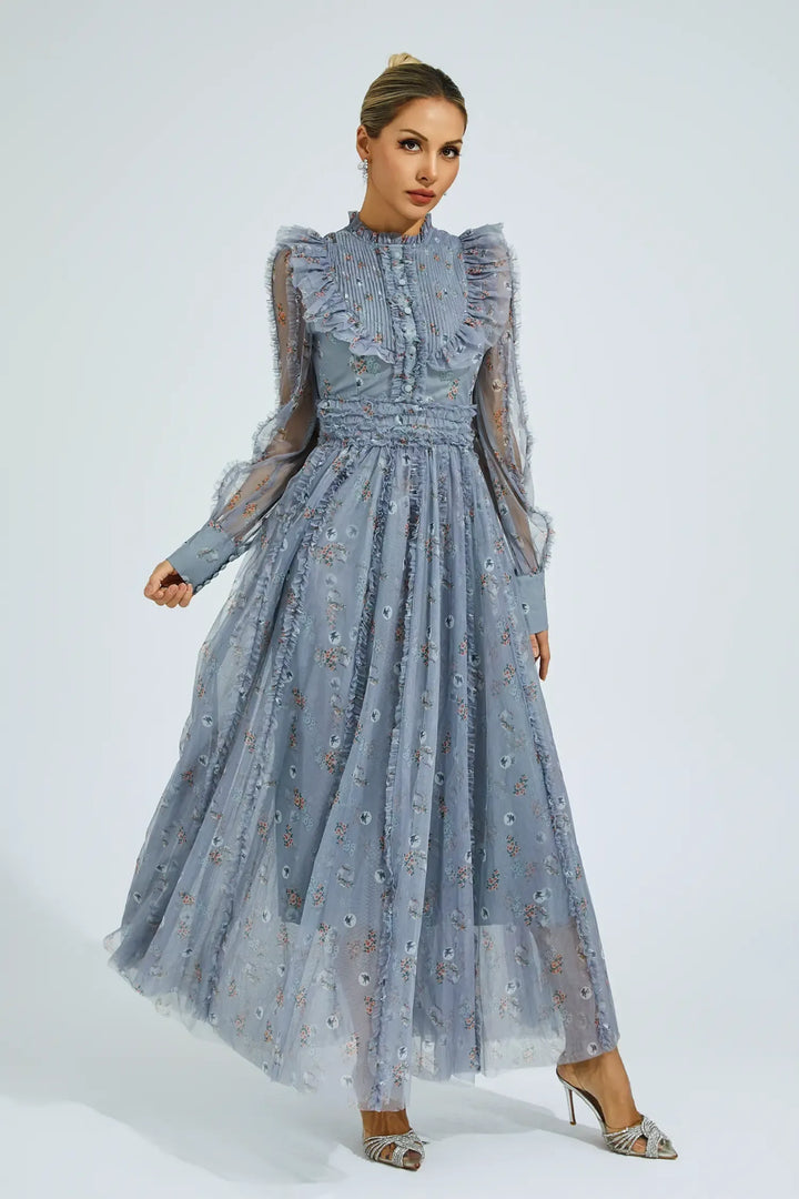 Elara Blue Floral Long Sleeve Maxi Dress