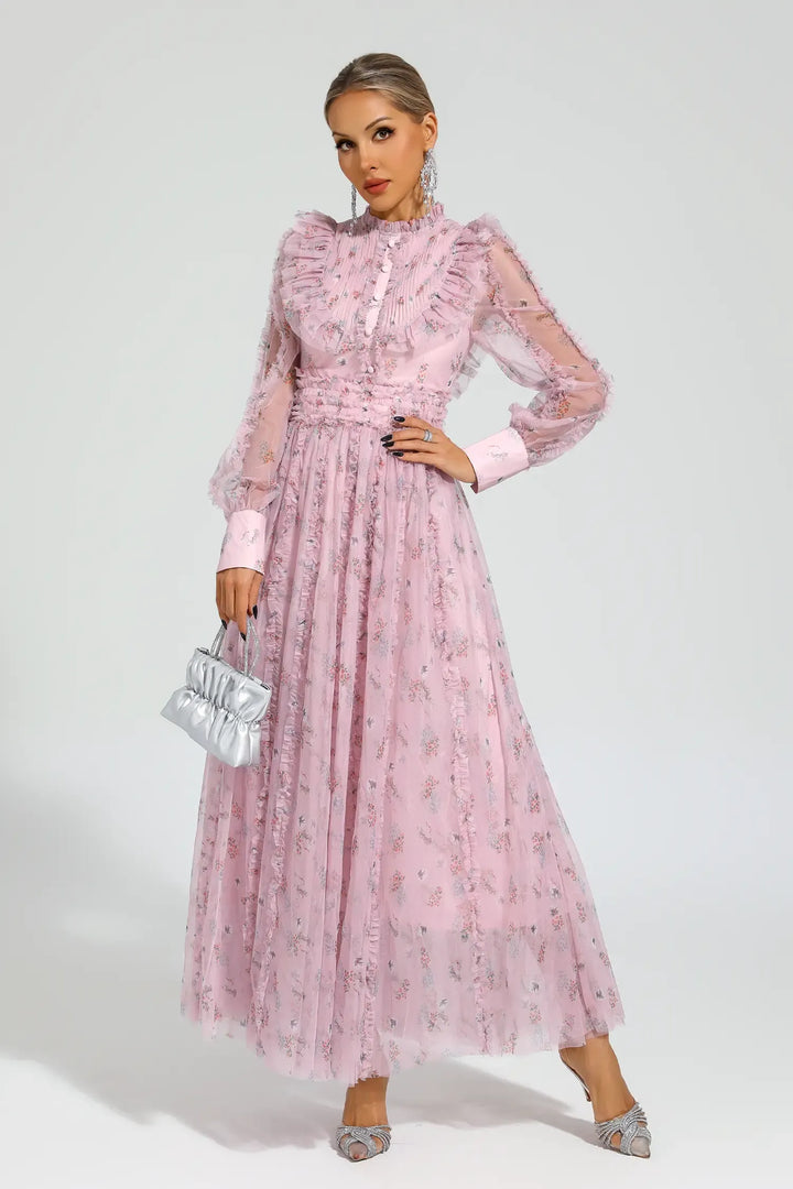 Elara Pink Floral Long Sleeve Maxi Dress