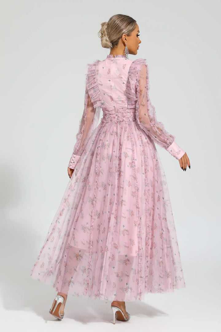 Elara Pink Floral Long Sleeve Maxi Dress