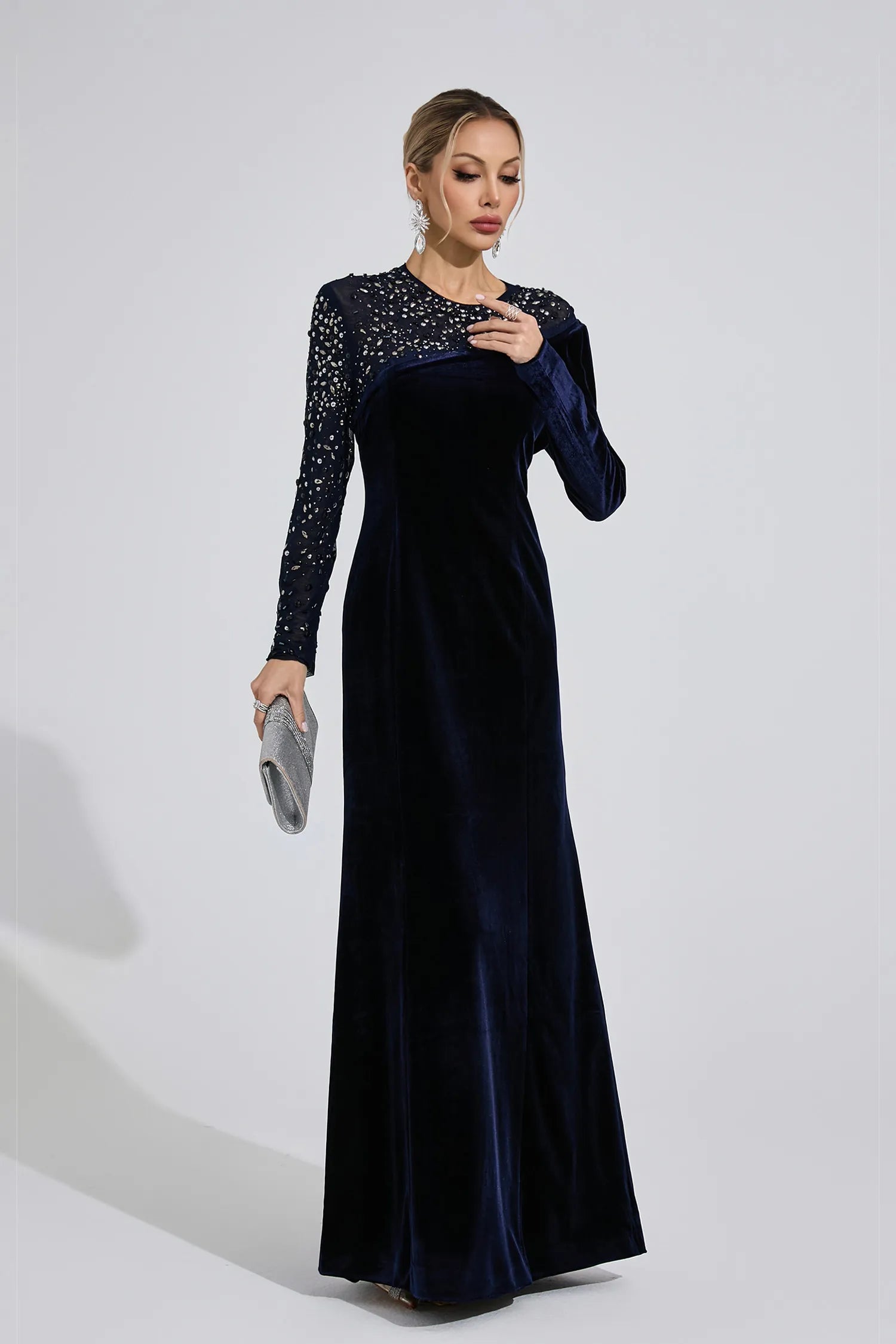 Elzira Navy Blue Velvet Maxi Dress