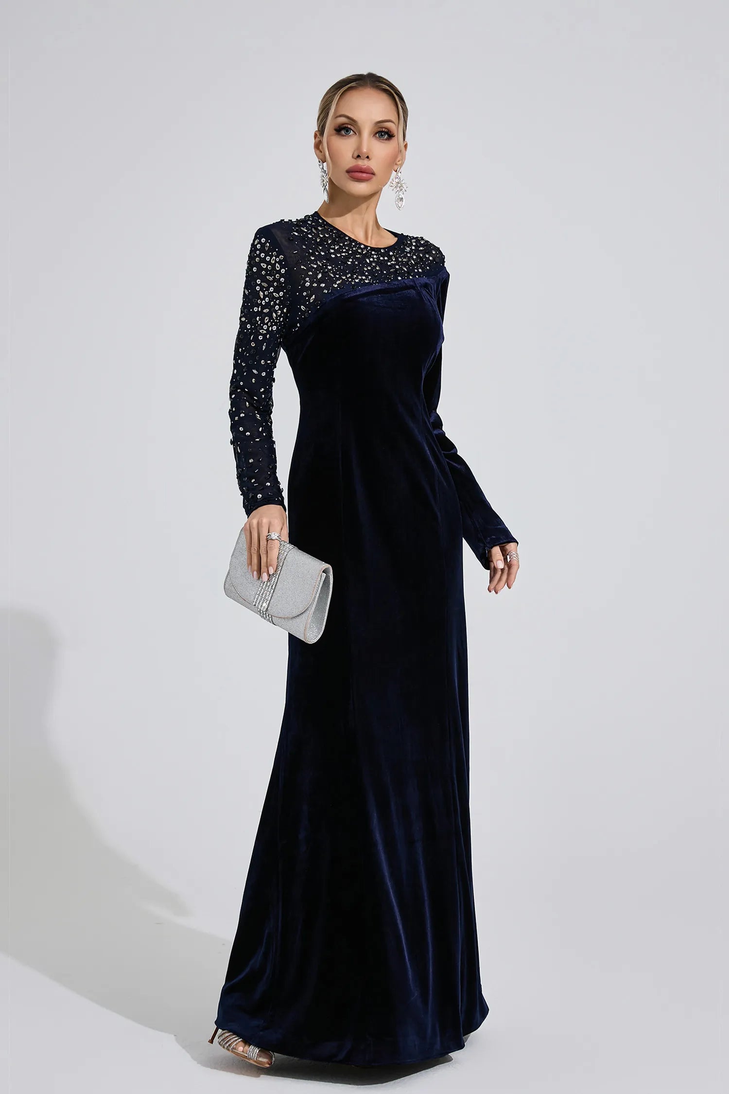 Elzira Navy Blue Velvet Maxi Dress