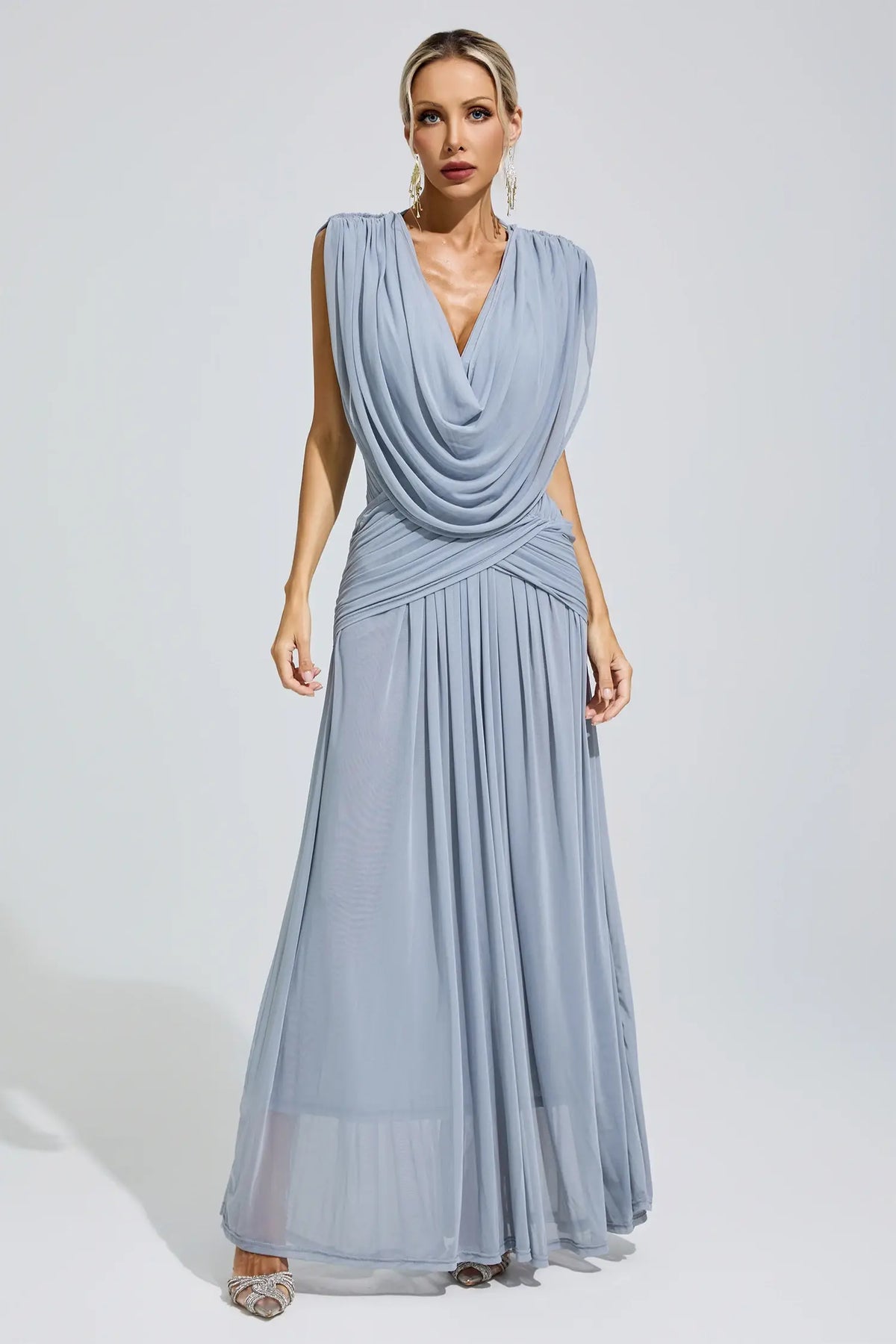 Serilda Blue Pleated Knit Maxi Dress