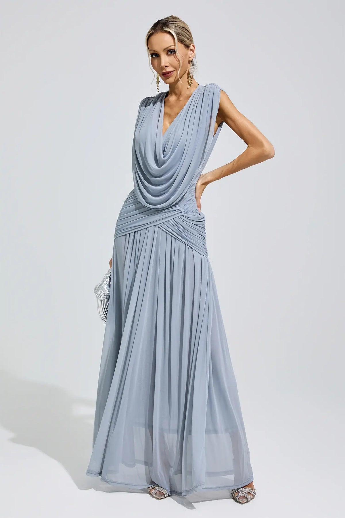 Serilda Blue Pleated Knit Maxi Dress