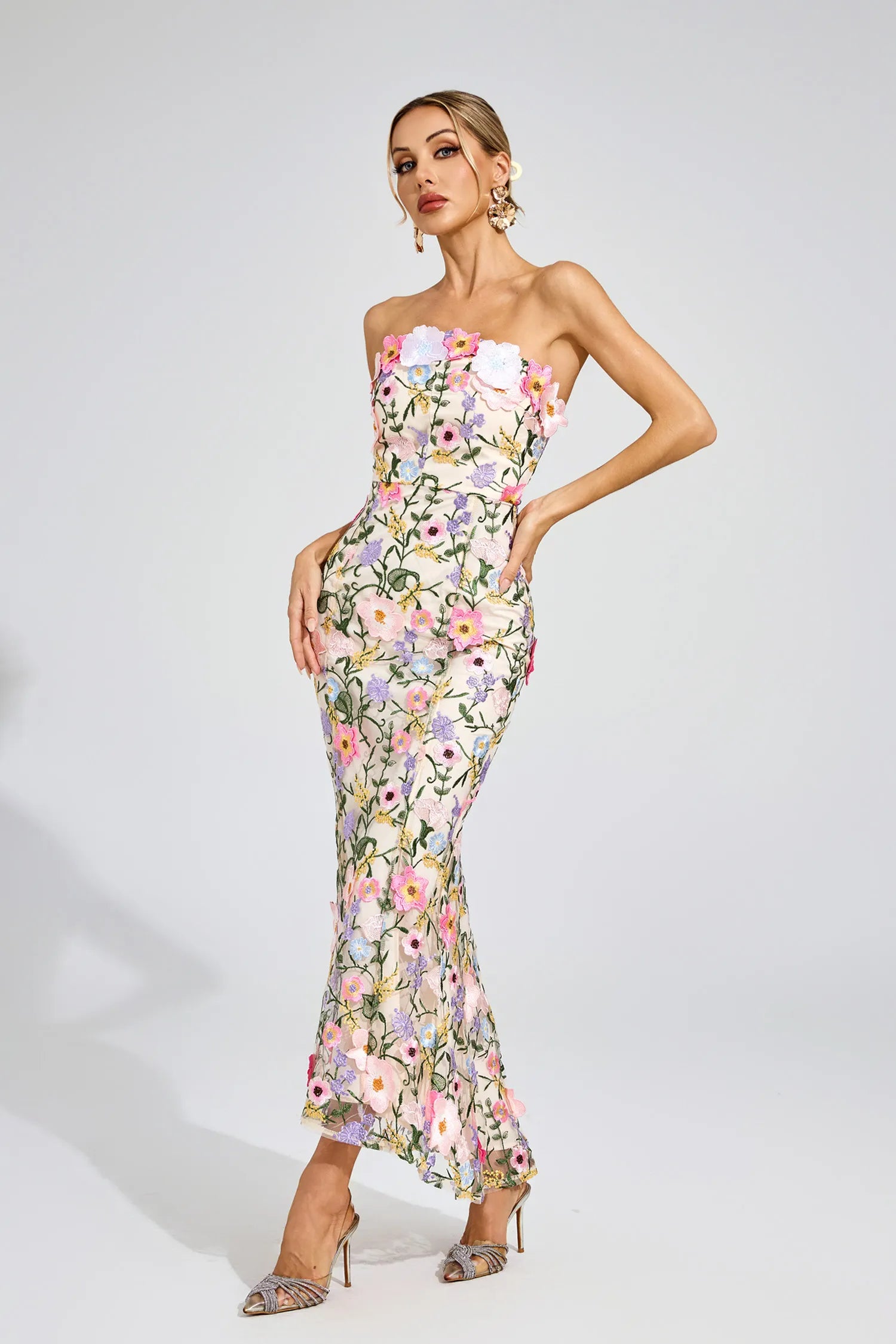 Ariane Apricot Floral Embroider Maxi Dress