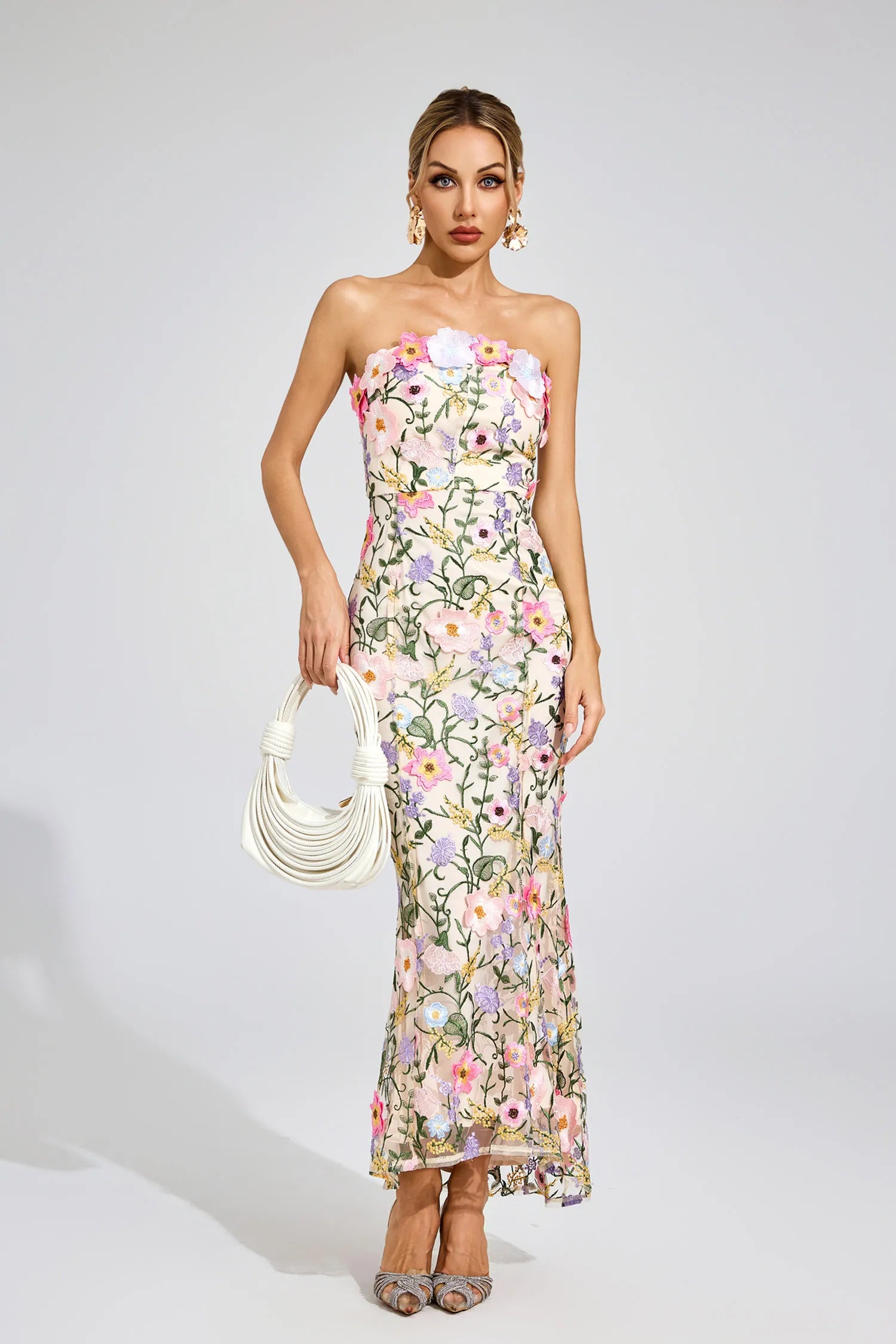 Ariane Apricot Floral Embroider Maxi Dress