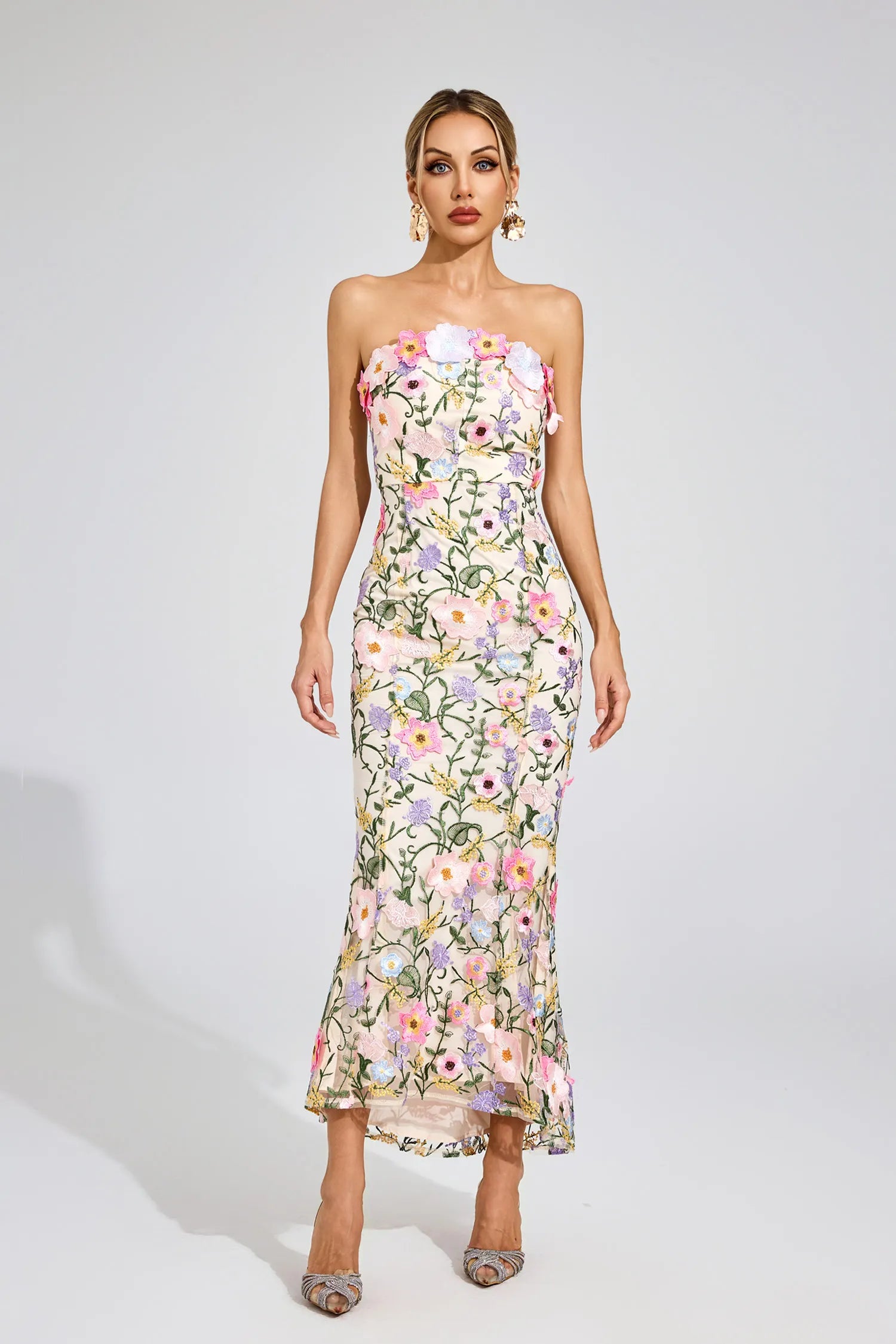 Ariane Apricot Floral Embroider Maxi Dress