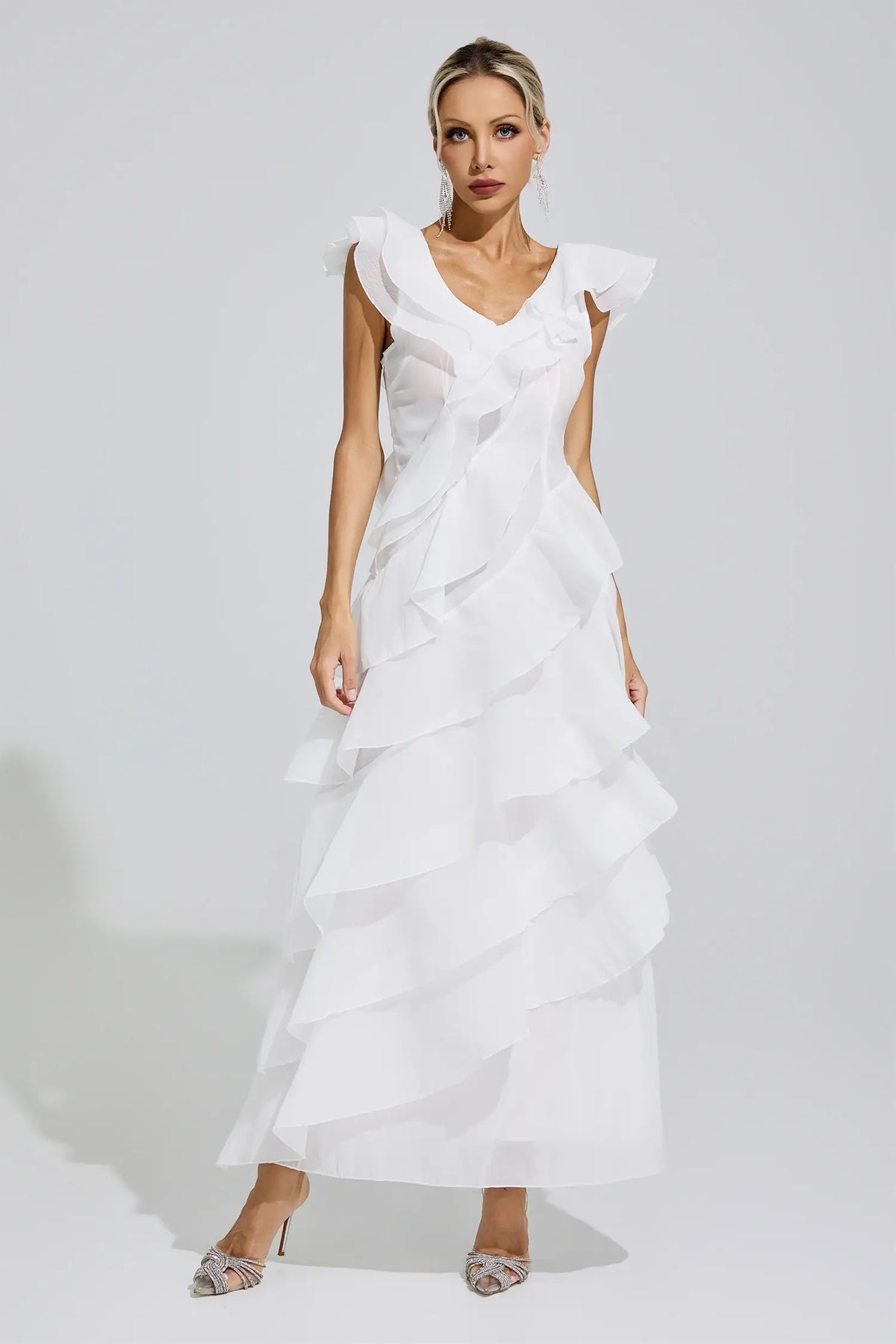 Margot White Ruffle Trim Maxi Dress
