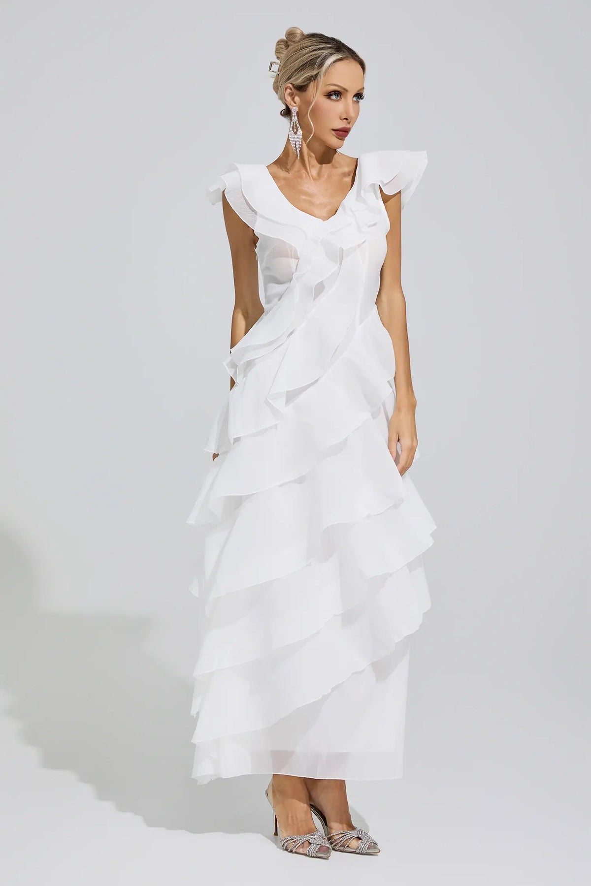 Margot White Ruffle Trim Maxi Dress