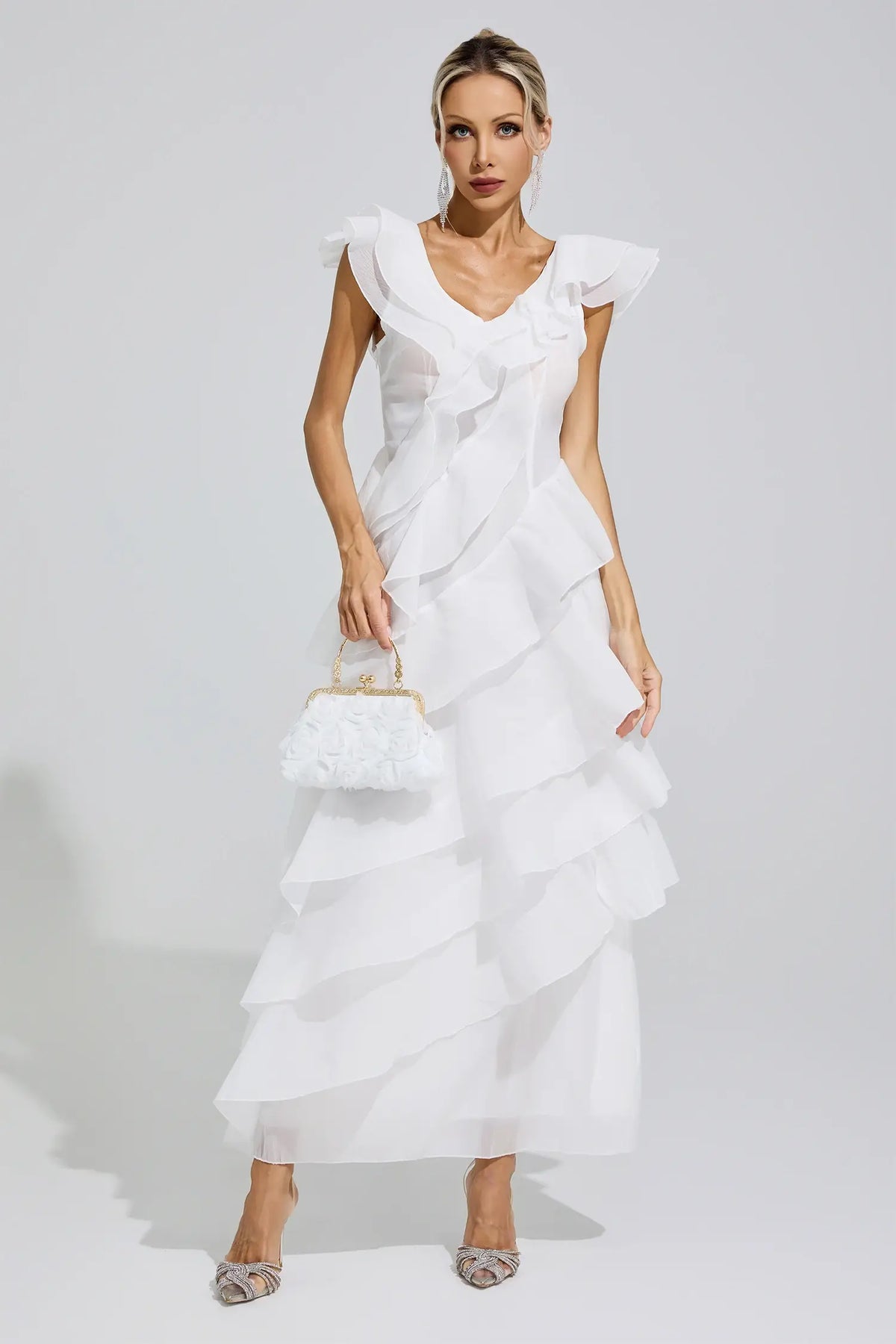 Margot White Ruffle Trim Maxi Dress