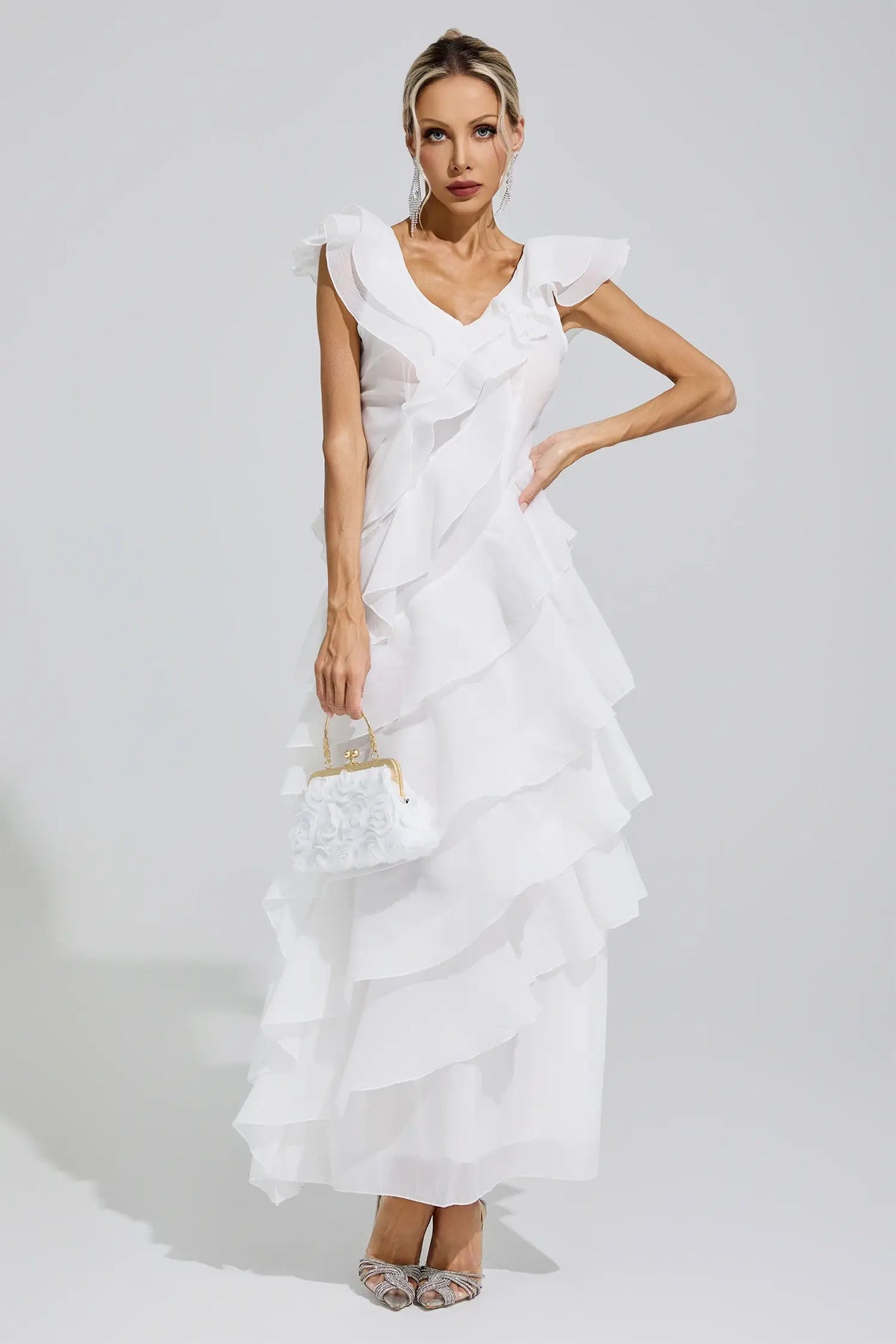 Margot White Ruffle Trim Maxi Dress