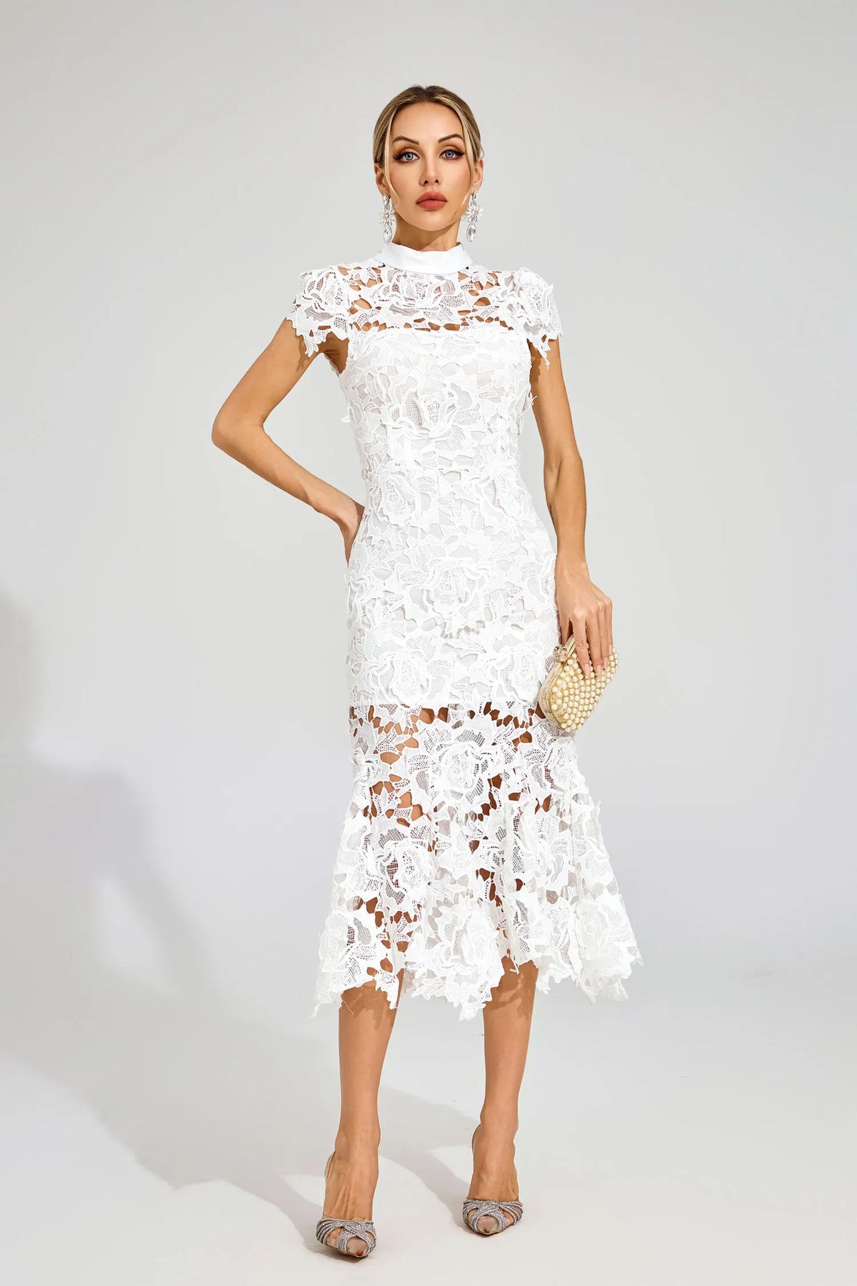 Jacqueline White Fishtail Lace Cut Out Midi Dress