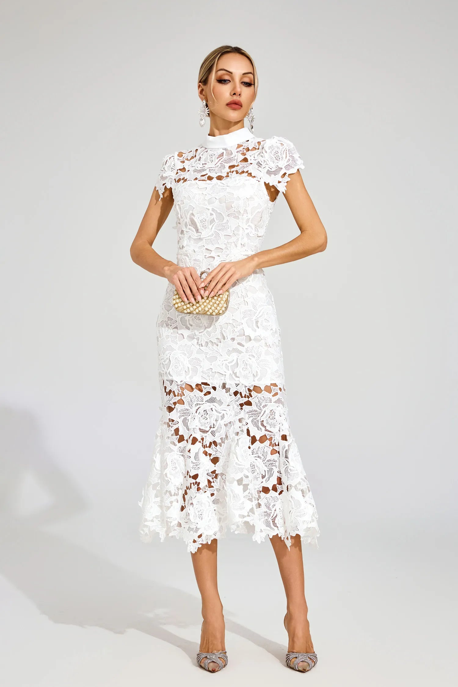 Jacqueline White Fishtail Lace Cut Out Midi Dress