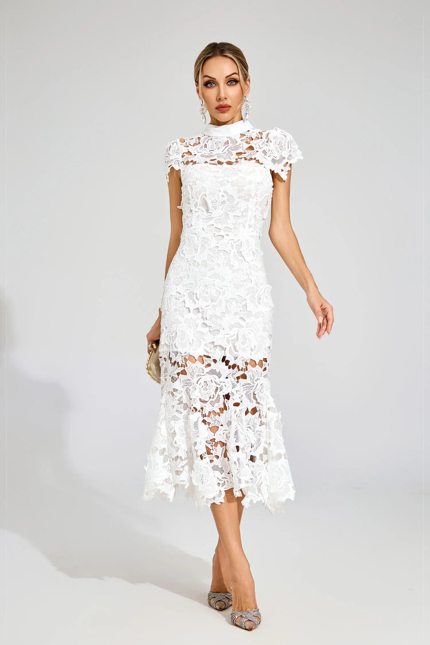 Jacqueline White Fishtail Lace Cut Out Midi Dress