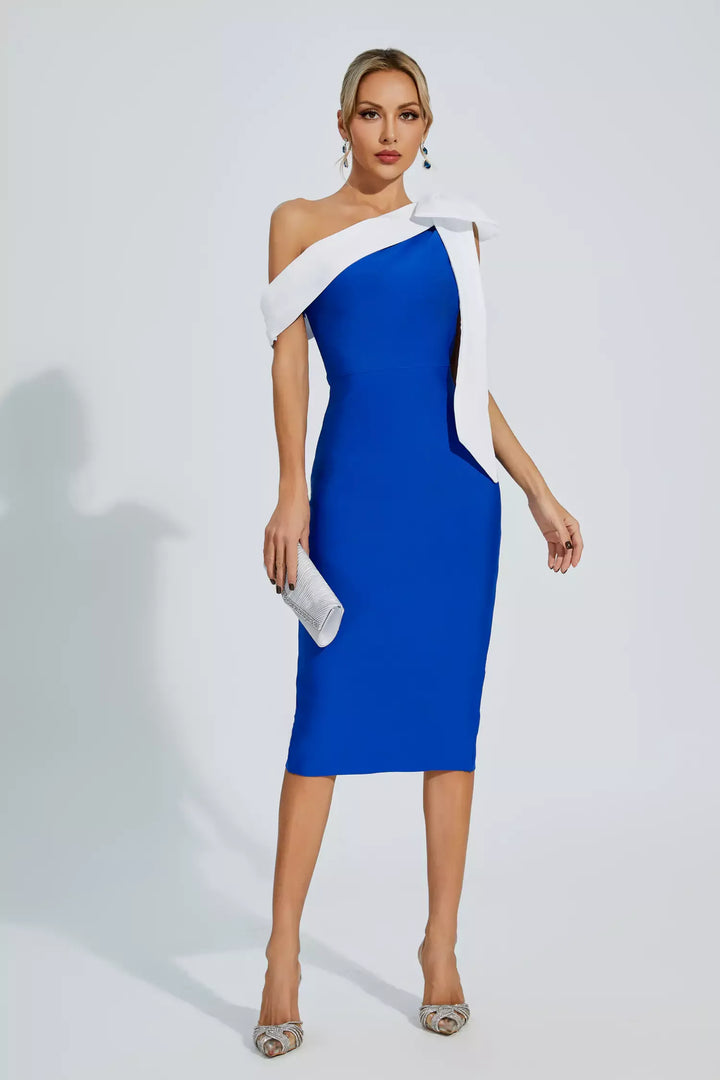 Braelyn Blue Bow One Shoulder Bandage Midi Dress