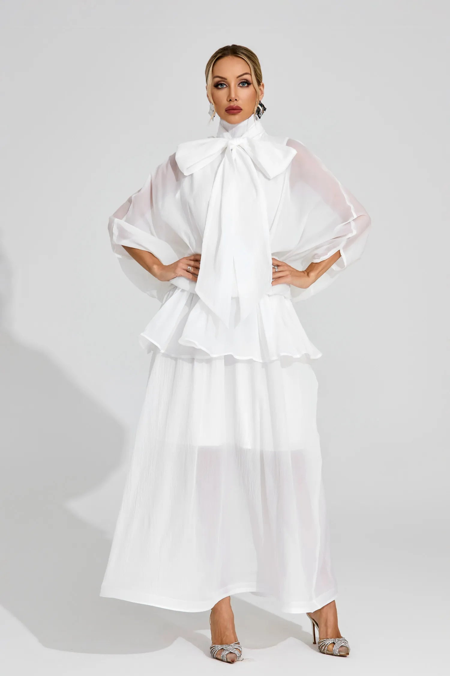 Tracy White Sheer Bow Maxi Dress