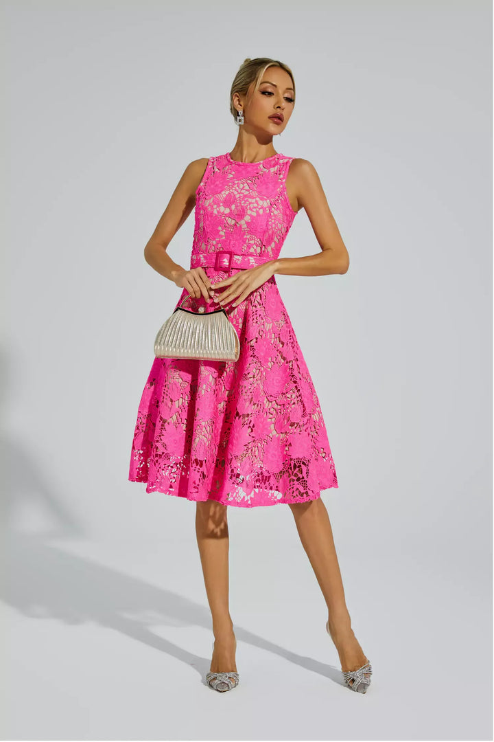 Brian Pink Lace Belted Midi Dress