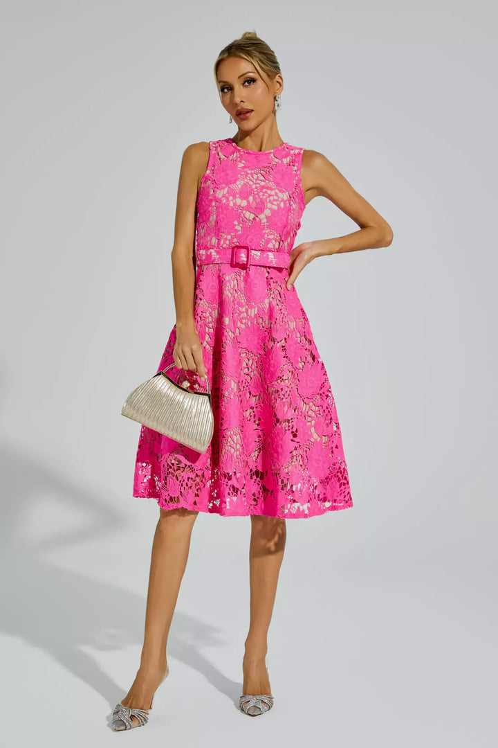 Brian Pink Lace Belted Midi Dress